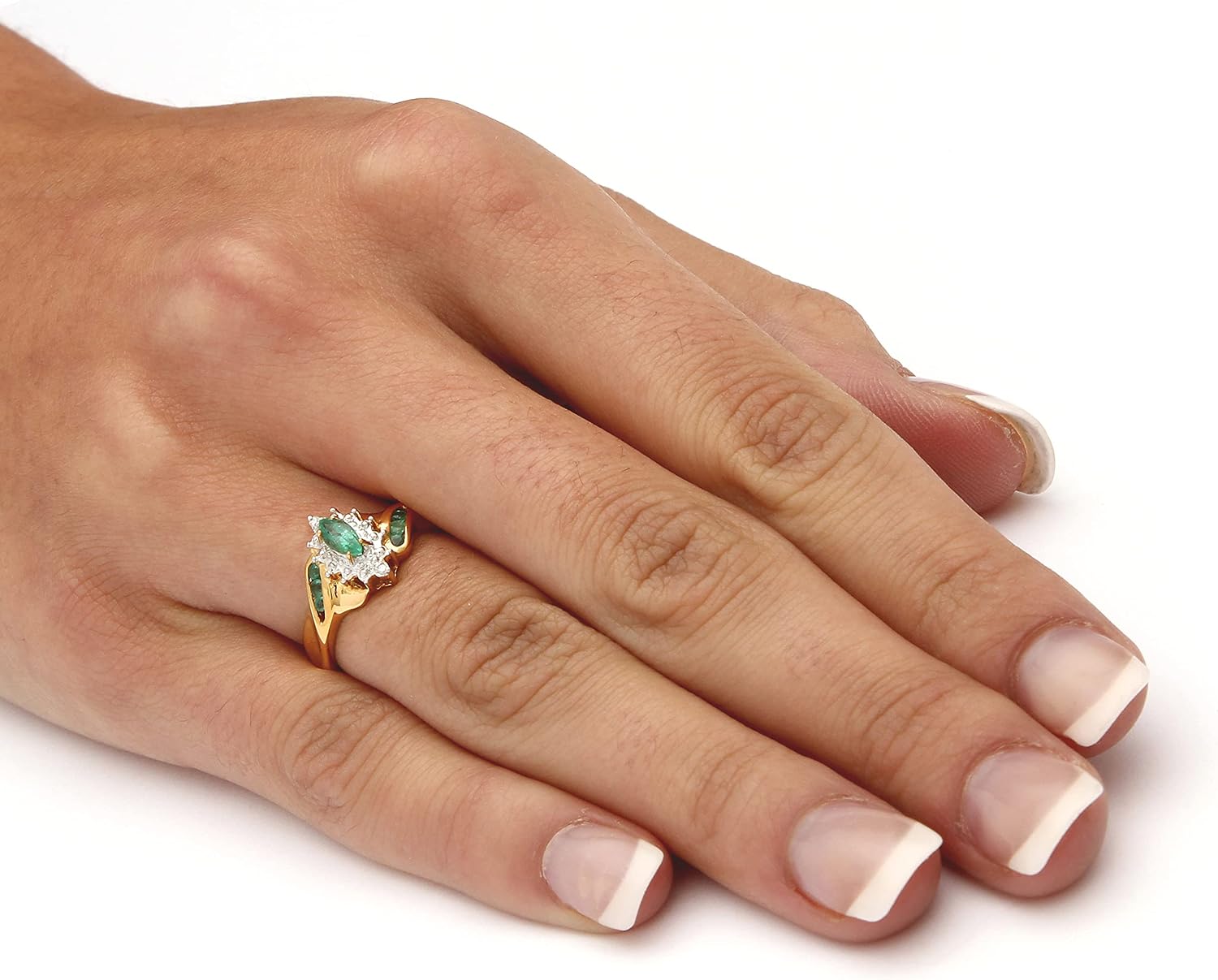 18K Yellow Gold over Sterling Silver Marquise Shaped Genuine Emerald and Diamond Accent Ring