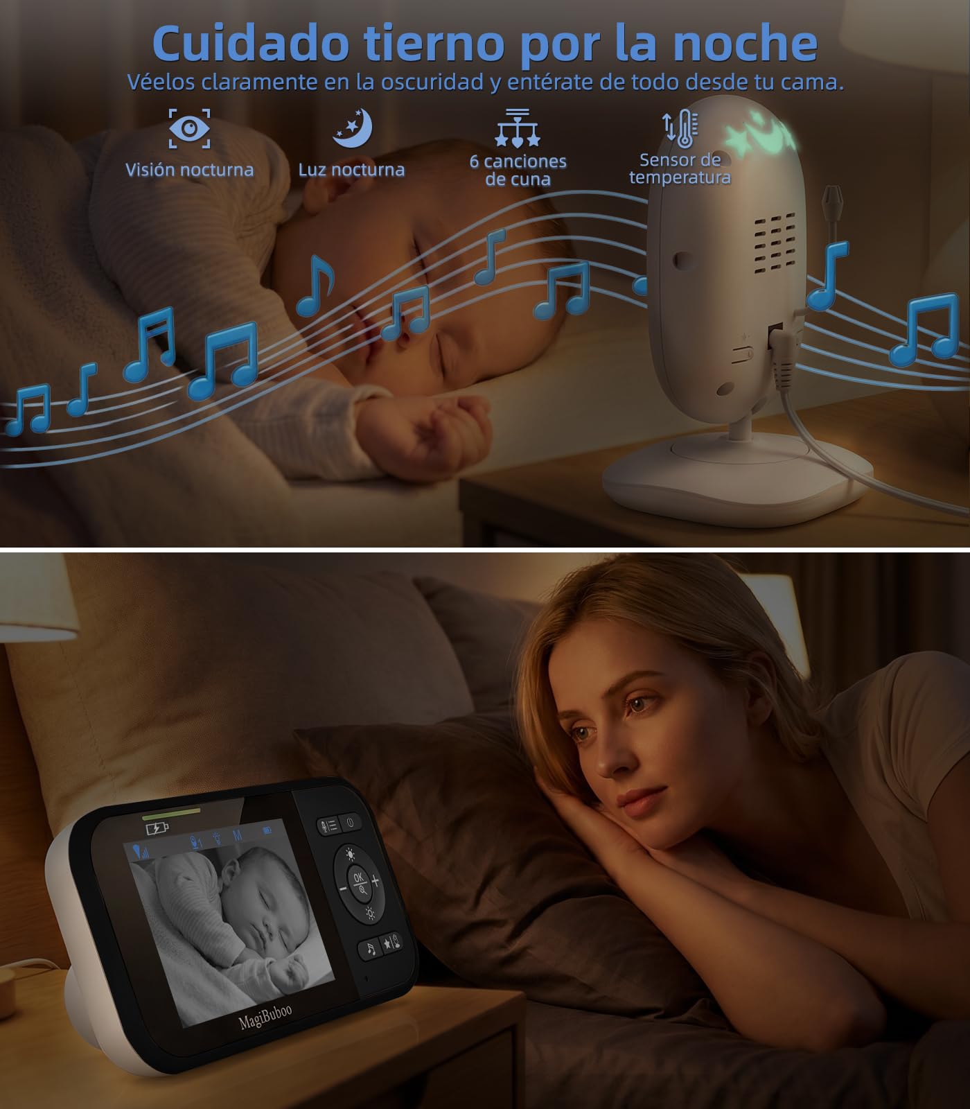 Monitor para bebés sin Wi-Fi, cámara de vídeo para bebés, visión Nocturna por Infrarrojos, Audio bidireccional, detección de llanto, Pantalla IPS de 2,8 Pulgadas, Modo VOX, autonomía de 30 Horas