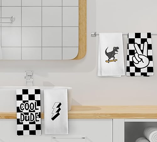 Miniatura 5 de Juego de 4 toallas de mano a cuadros modernos para niños, decoración de baño para niños, regalos de Dinasours, paños de cocina para cocina, paño de