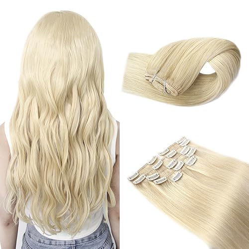 Extensiones de cabello humano real con clip, extensiones invisibles de cabello rubio platino con clip, extensiones de cabello Remy para cabello