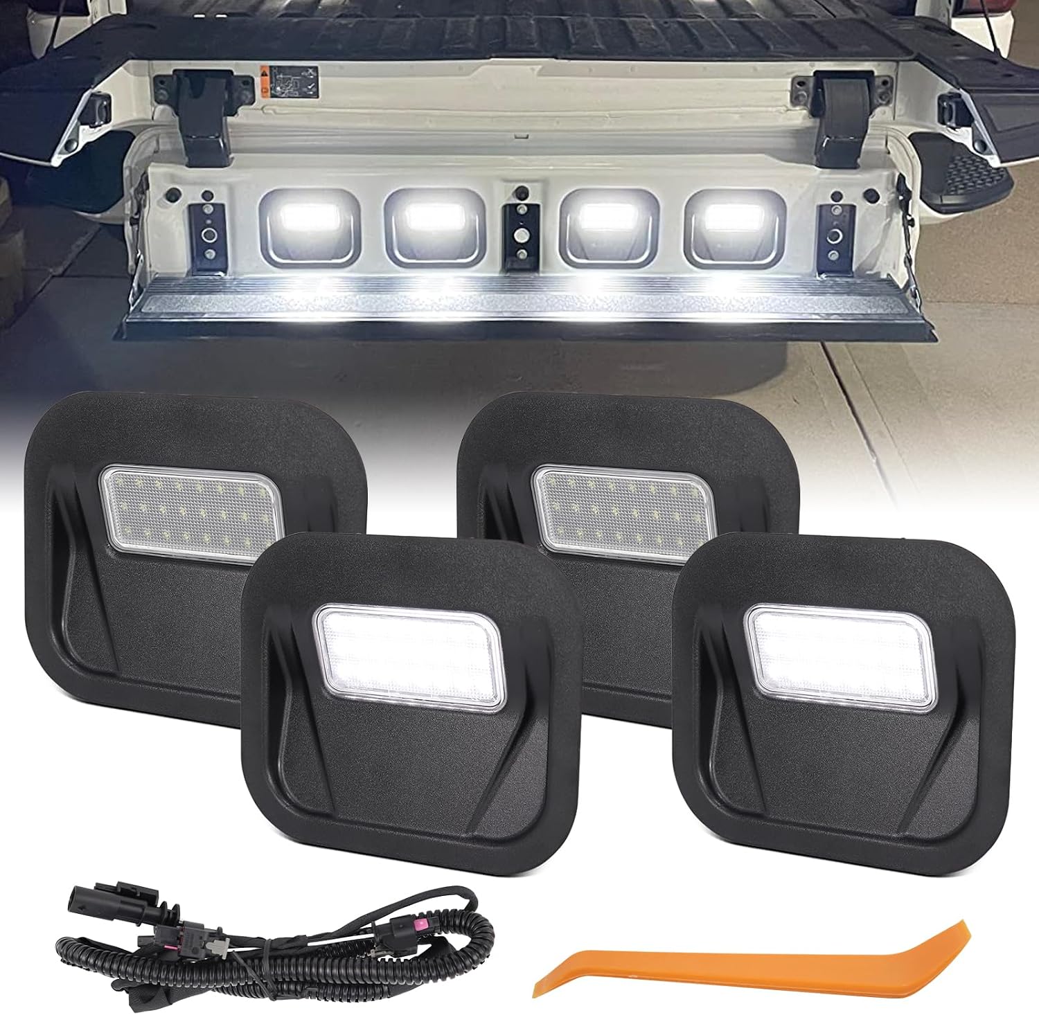 4PCS LED Tailgate Step Light Truck Bed Multi-Pro Lamp Assembly For 2020-2025 GMC Sierra 1500 2500 HD 3500 HD, 2020-2025 Chevy Silverado 1500 2500 HD 3500 HD, With Wiring Harness & Plastic Pry Tool