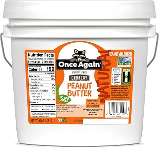 Once Again Natural, Crunchy Peanut Butter, 9lb Bucket (same as 9 jars)- Salt Free, Unsweetened - Gluten Free Certified, Vegan, Kosher, Non-GMO Verified