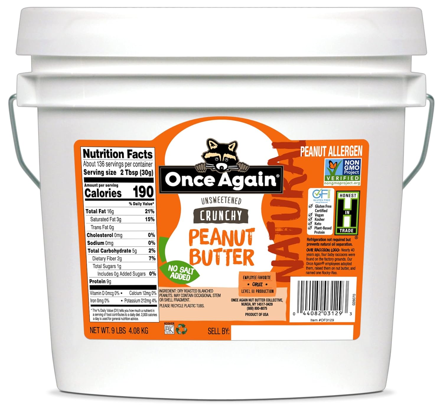 Once Again Natural, Crunchy Peanut Butter, 9lb Bucket (same as 9 jars)- Salt Free, Unsweetened - Gluten Free Certified, Vegan, Kosher, Non-GMO Verified