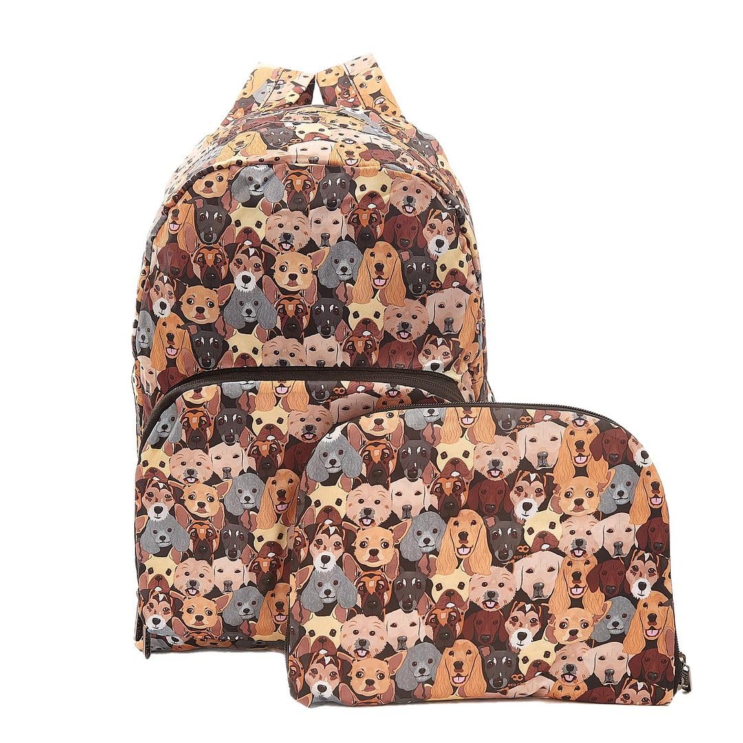 ECO CHIC Lightweight Foldable Water Resistant Backpack Rucksack Folds into Pouch for Storage (Stacking Dogs Black)