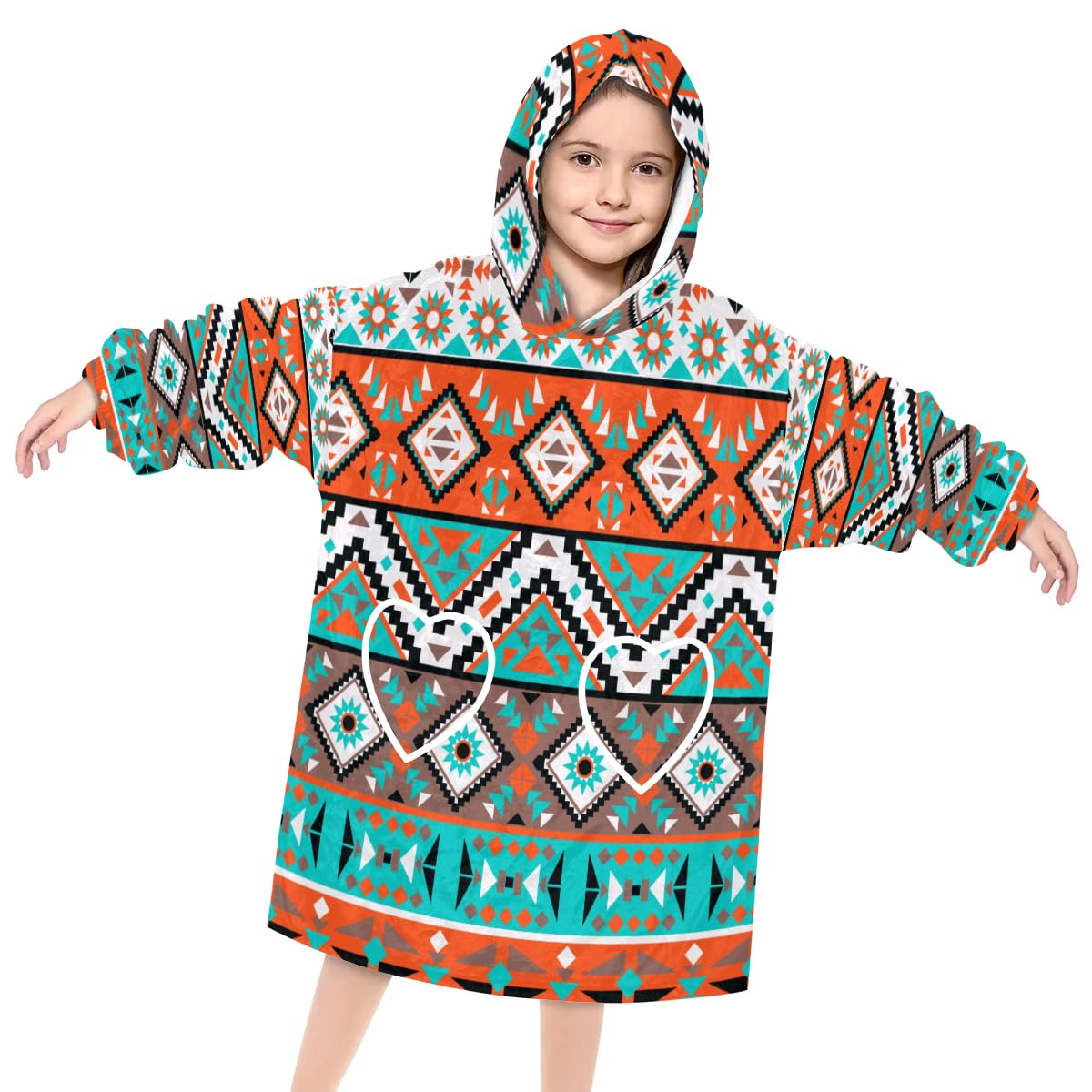 Wearable Blanket Hoodie for Kids, Aztec Geometric Pattern Fleece Sweatshirt Blanket Oversized Blanket Sweatshirt with Pocket Flannel Warm Hooded Blanket 6-10 Year Old Girl Boy Gift, One Size