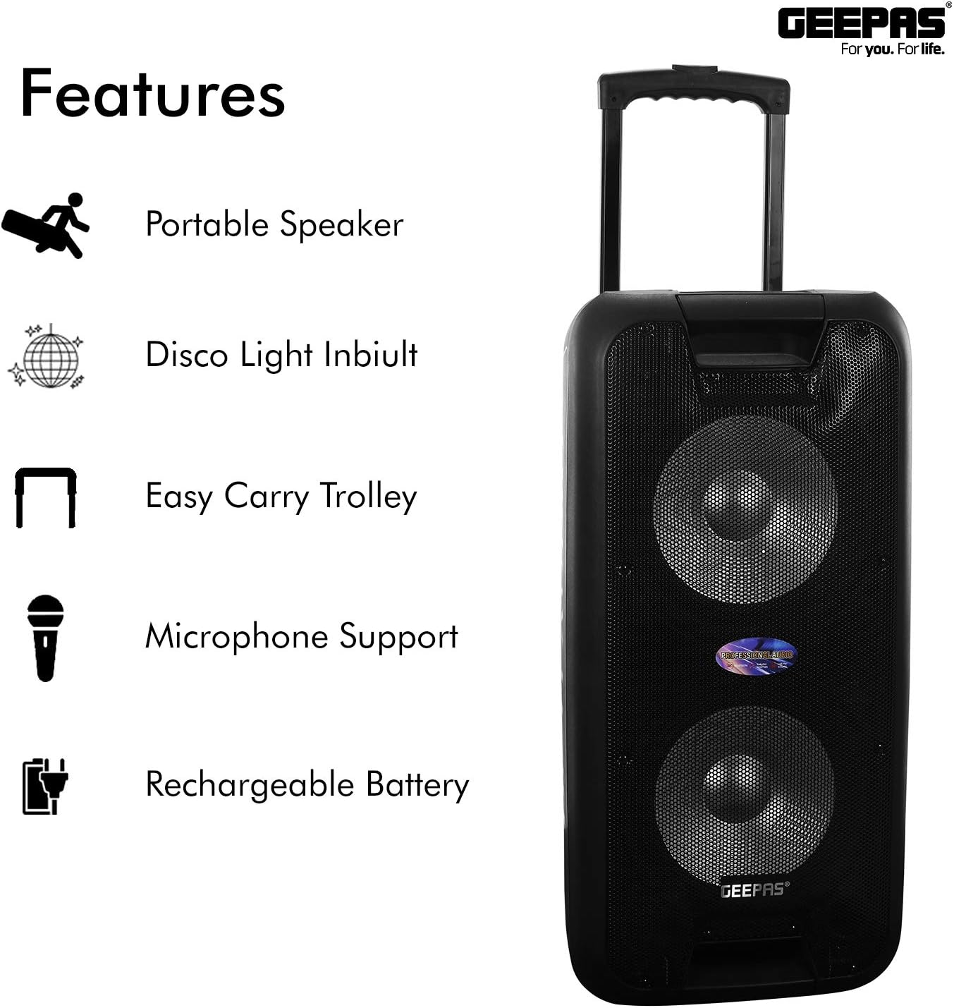 Geepas GMS8574 Speaker System highlighting key features: Portable Speaker, Disco Light Inbuilt, Easy Carry Trolley, Microphone Support, Rechargeable Battery.