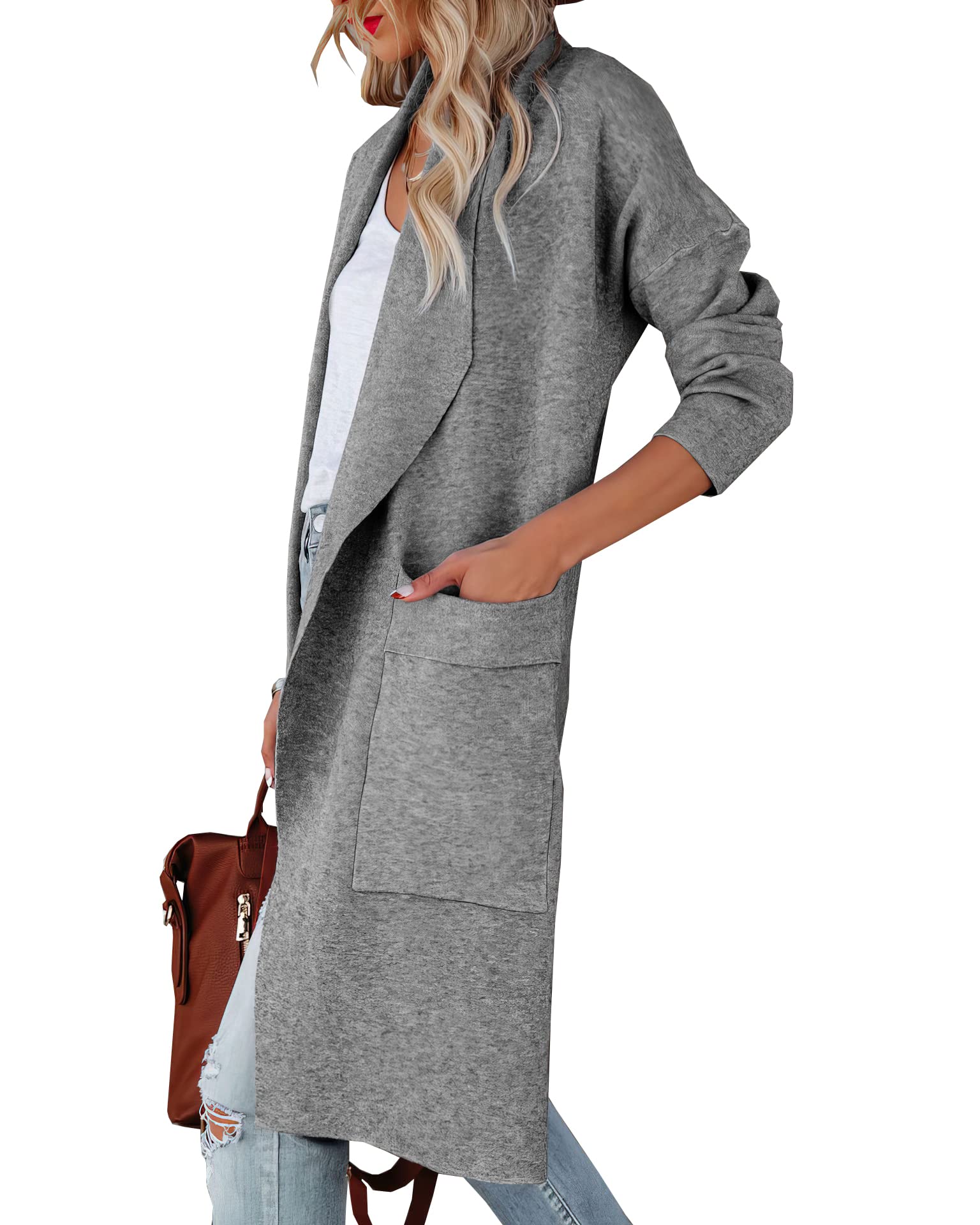 kinstell Cárdigan Largo de Punto para Mujer, Casual, de Manga Larga, con Parte Delantera Abierta, drapeado, con Bolsillos