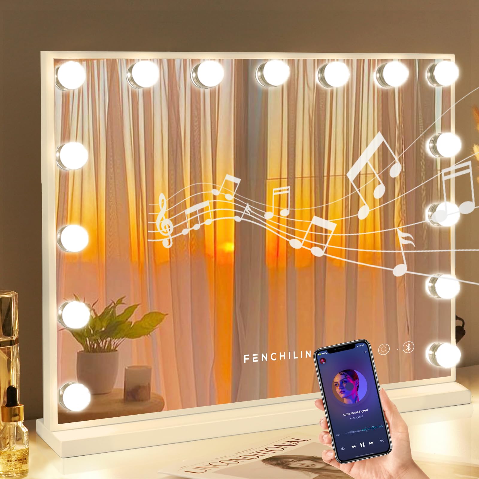 FENCHILIN Vanity Mirror with Lights and Bluetooth Speaker 22.8"x 18.1" Makeup Mirror Lighted Hollywood Mirror with 15 Dimmable LED Bulbs USB Charge Port, 3 Color Lighting Modes