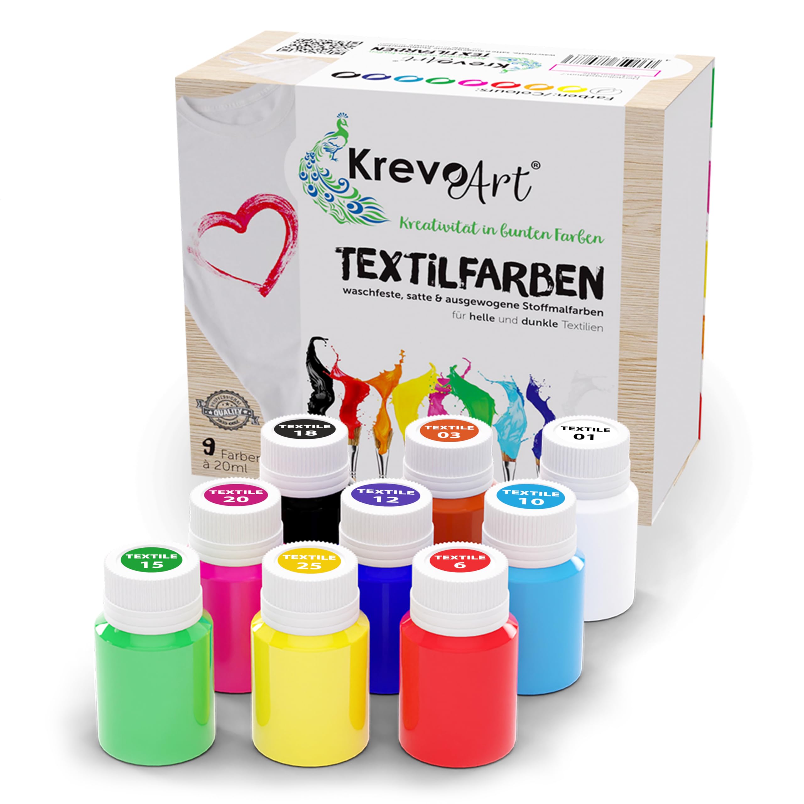 Krevo Art Pinturas para telas resistentes al lavado, juego de 9 x 20 ml de colores para tela en frascos | para pintar diferentes textiles