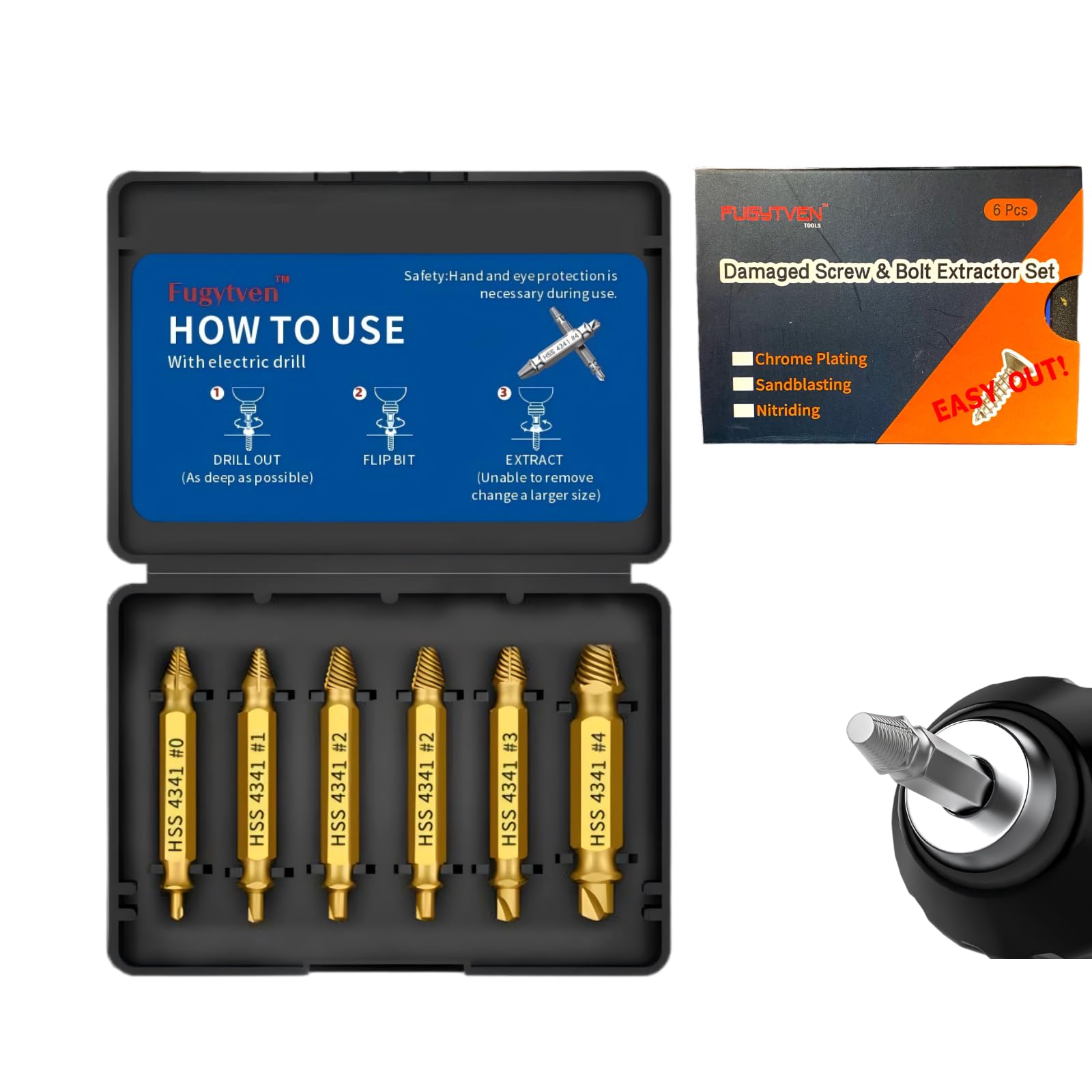 Damaged Screw Extractor Kit - 6PC HSS 4341 Chrome Plating Screw Remover for Stripped, Rusted & Broken Bolts | Pro-Grade Drill Bits | Includes Storage Case | Ideal for DIY & Professionals Fugytven