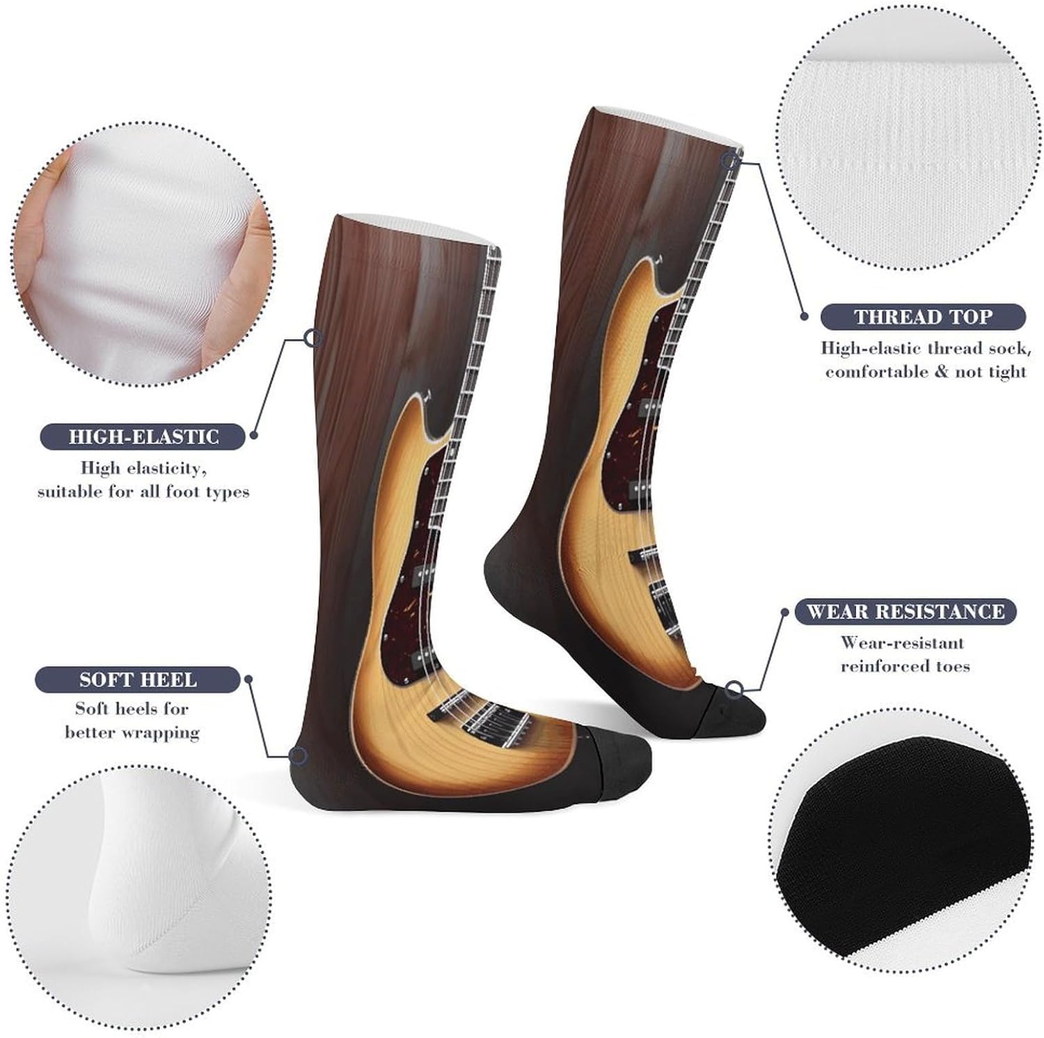 Guitar Musical Instrument Compression Sock Circulation Support Socks Lightweight Knee High Tube Sock Over-The-Calf Sock for Adult