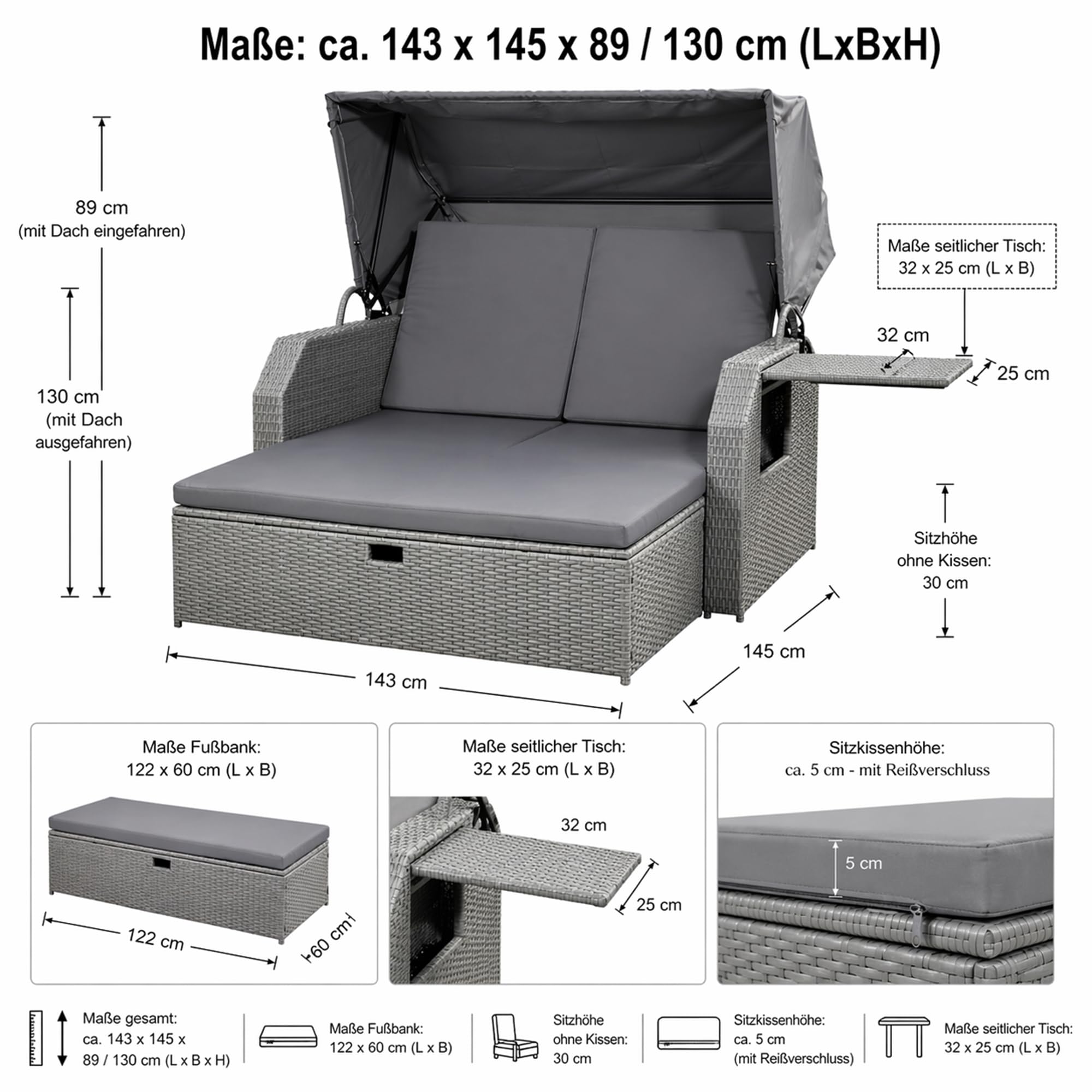 Mucola Strandkorb inkl. Sonnenschutz Polyrattan Sonnenbett inkl. verstellerbarer Rückenlehne und klappbaren Seitentischen Outdoor Lounge wetterfest