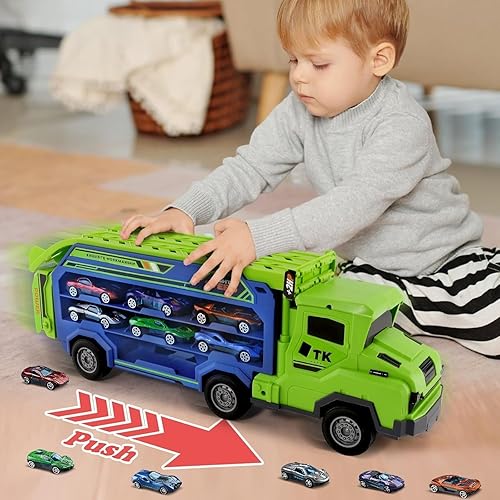 Miniatura 6 de Juguetes de camión para niños pequeños, camiones transportadores de automóviles para niños de 3 a 5 4 a 8 años, juegos de pista de autos plegables