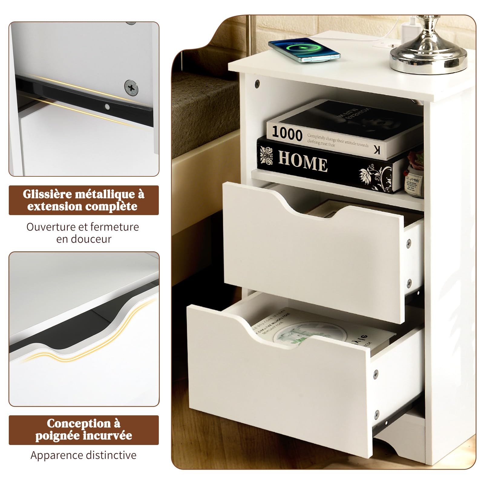 LEADZM Table de Chevet avec Station de Charge et Ports USB,Table d'appoint avec 2 tiroir 1 étagère Ouverte, Commode de Nuit, 40 x 30 x 60cm (1, Blanc)