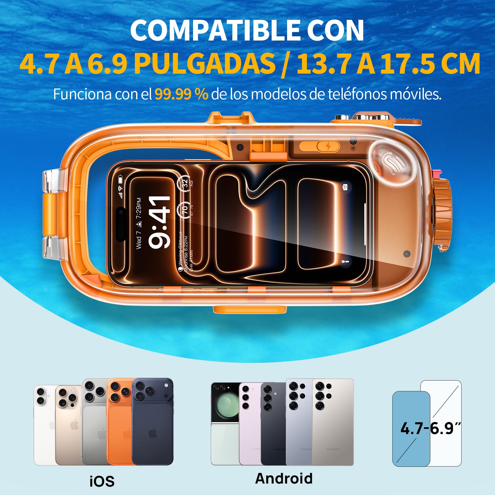 Funda Impermeable IPX8 Universal para Buceo, Profesional Sumergible 15M [Función Bluetooth] [Enfoque Ajustable] Funda para iPhone Samsung Galaxy Xiaomi Redmi Google Honor 4,7-6,9", Naranja