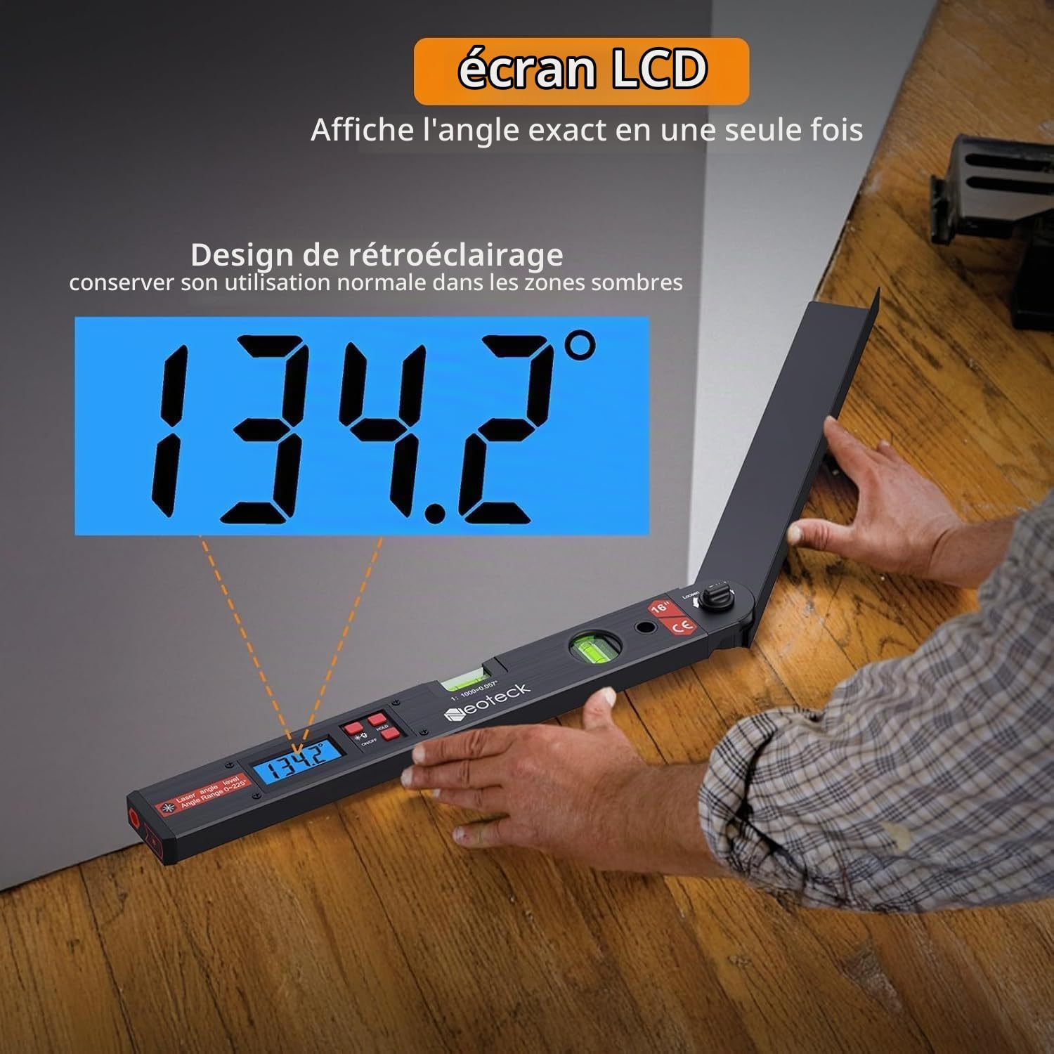Neoteck Rapporteur d’Angle Laser 225° – Outil de Mesure d’Angle Numérique Précision ±0,5°, Règle d’Angle Aluminium avec Laser de Guidage, HOLD & Verrouillage, Bricolage, Menuiserie, Chantier - Noir