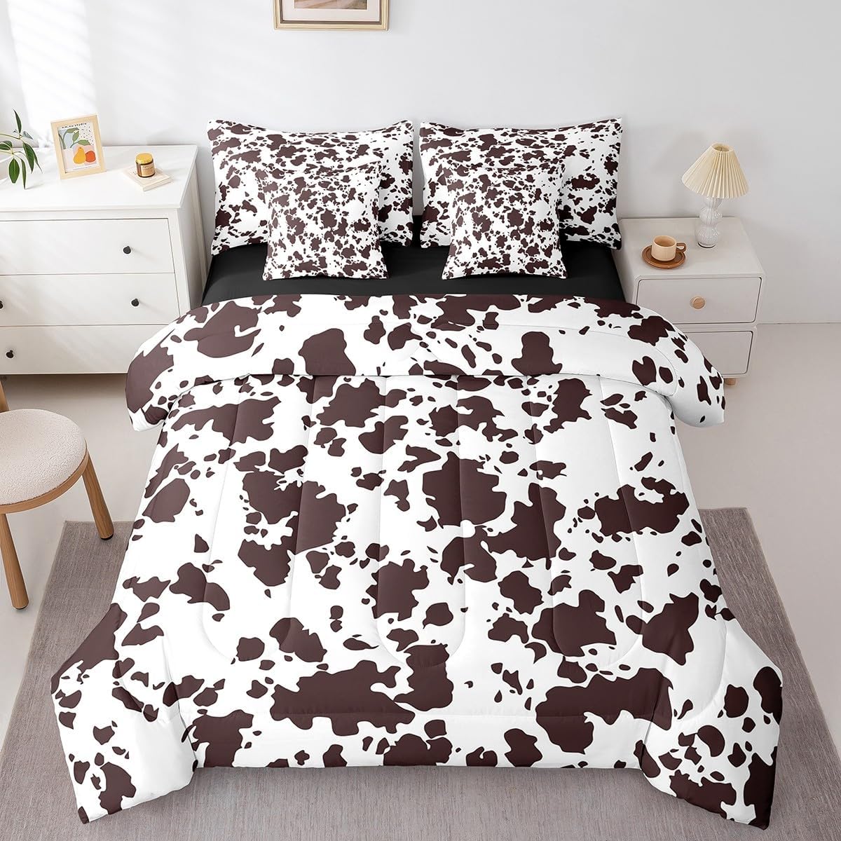 Erosebridal 7 Pcs Highland Milk Cow Bed in a Bag Queen Comforter Set,Kids Cartoon Brown Cow Print Brown Sheet Set,Western Cowhide Bedding with Comforter,Bull Cattle Rustic Farmhouse Quilt Cover