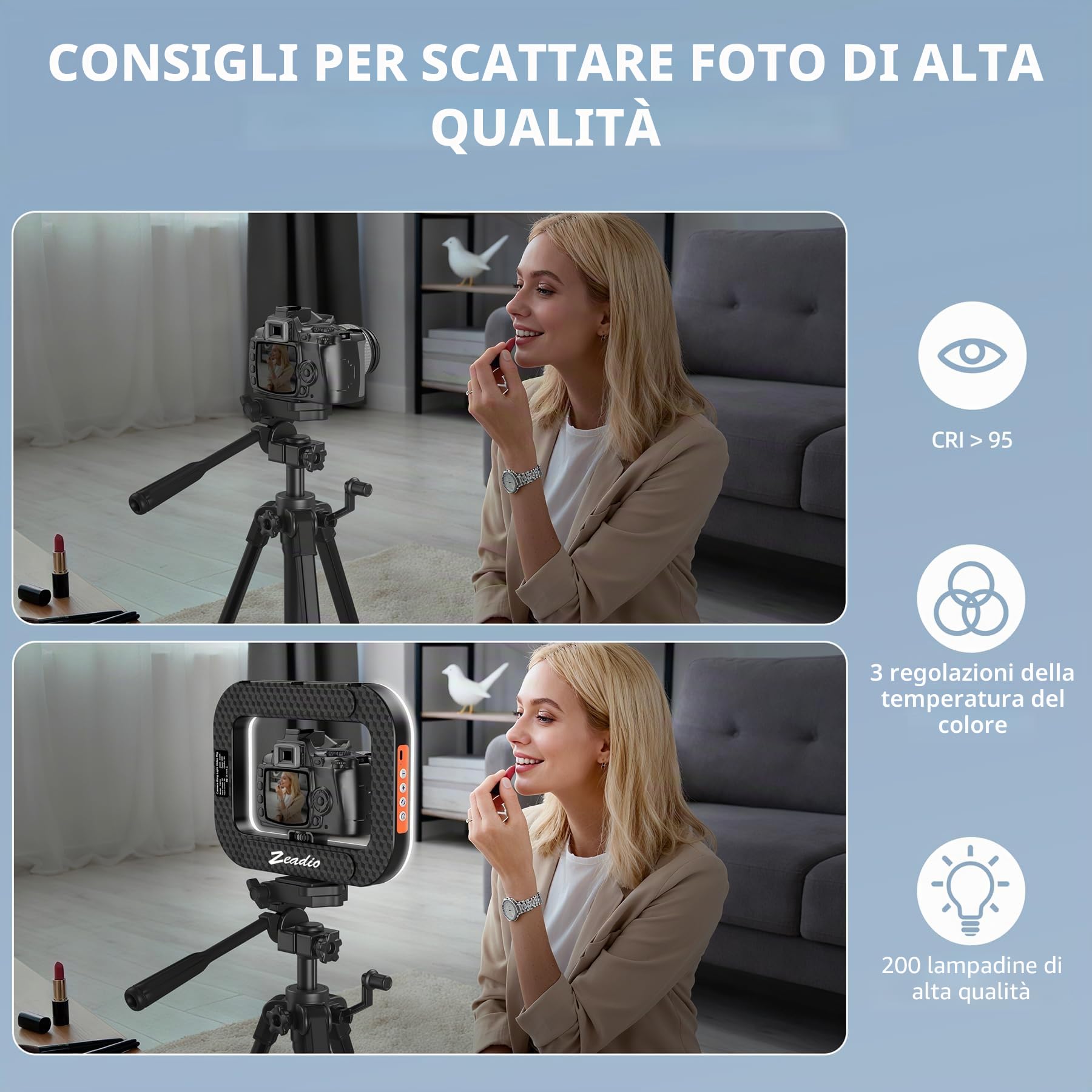 Zeadio Ring Light Selfie Portatile con Impugnatura Luminosa e Supporto Telefono, Luce Video Dimmerabile 2500K-8500K, Luce di Riempimento per Vlogging, TikTok, Trucco, Live Streaming, Fotografia ecc