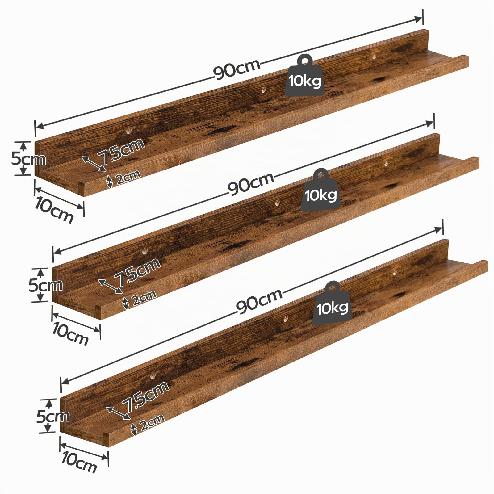 HOOBRO Set di 3 Mensole da Parete, Mensole Galleggianti di 90 cm con Bordo Rialzato e Staffe Invisibili, Adatte per Bagno, Camera da Letto, Cucina, Ufficio e Soggiorno, Marrone Vintage EBF90BJ01
