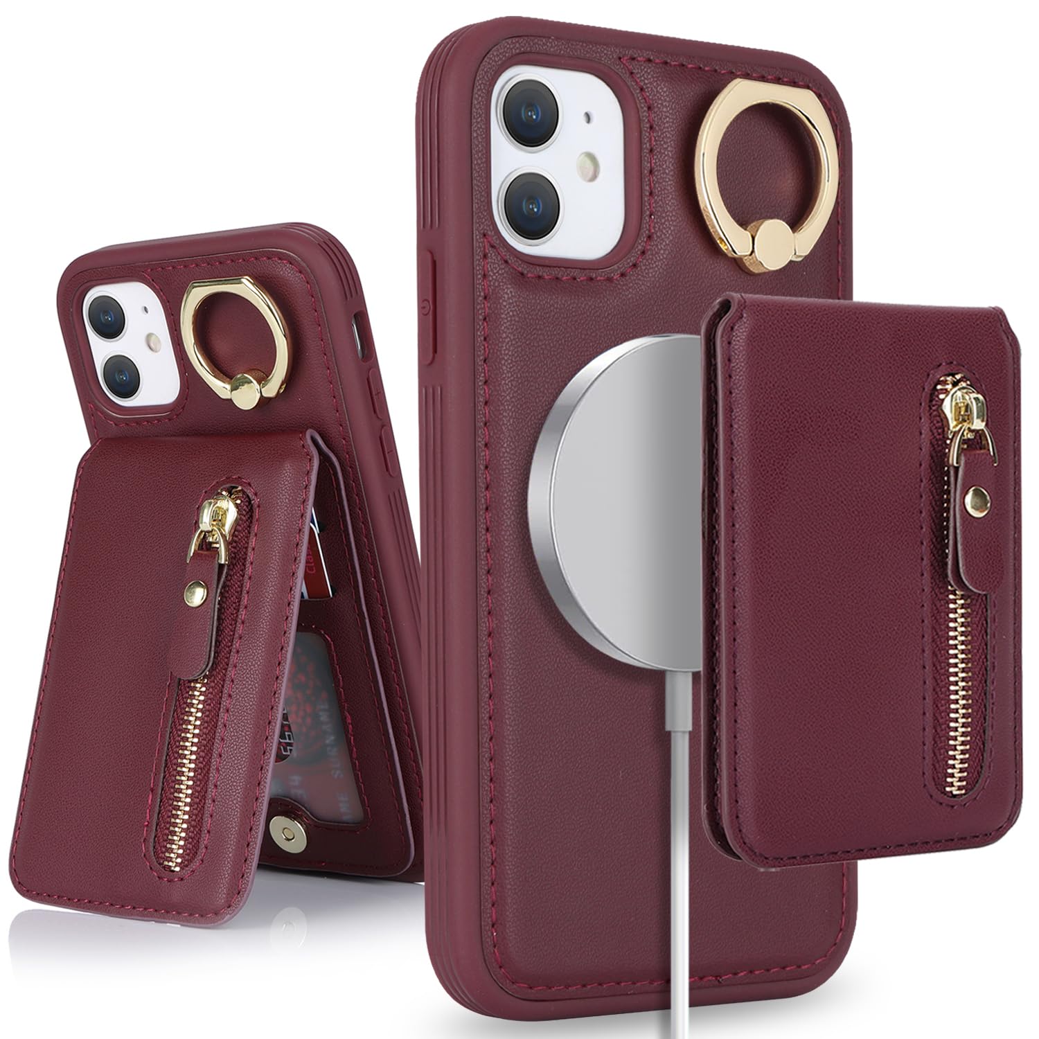 DEYHU for iPhone 11 Phone case with Card Holder with Compatible magsafe Magnetic, Key Chain PU Leather Flip Kickstand Detachable 2-in-1 Wallet case for Apple11 Women Men-Red Wine