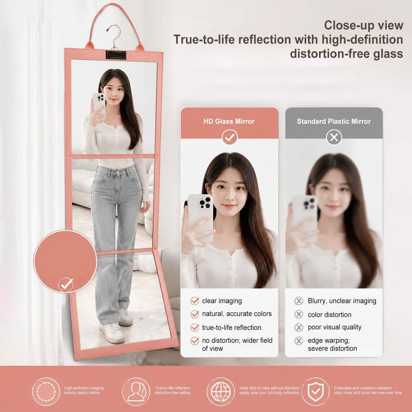 Miroir pliable pleine longueur en verre HD portable à suspendre sur porte