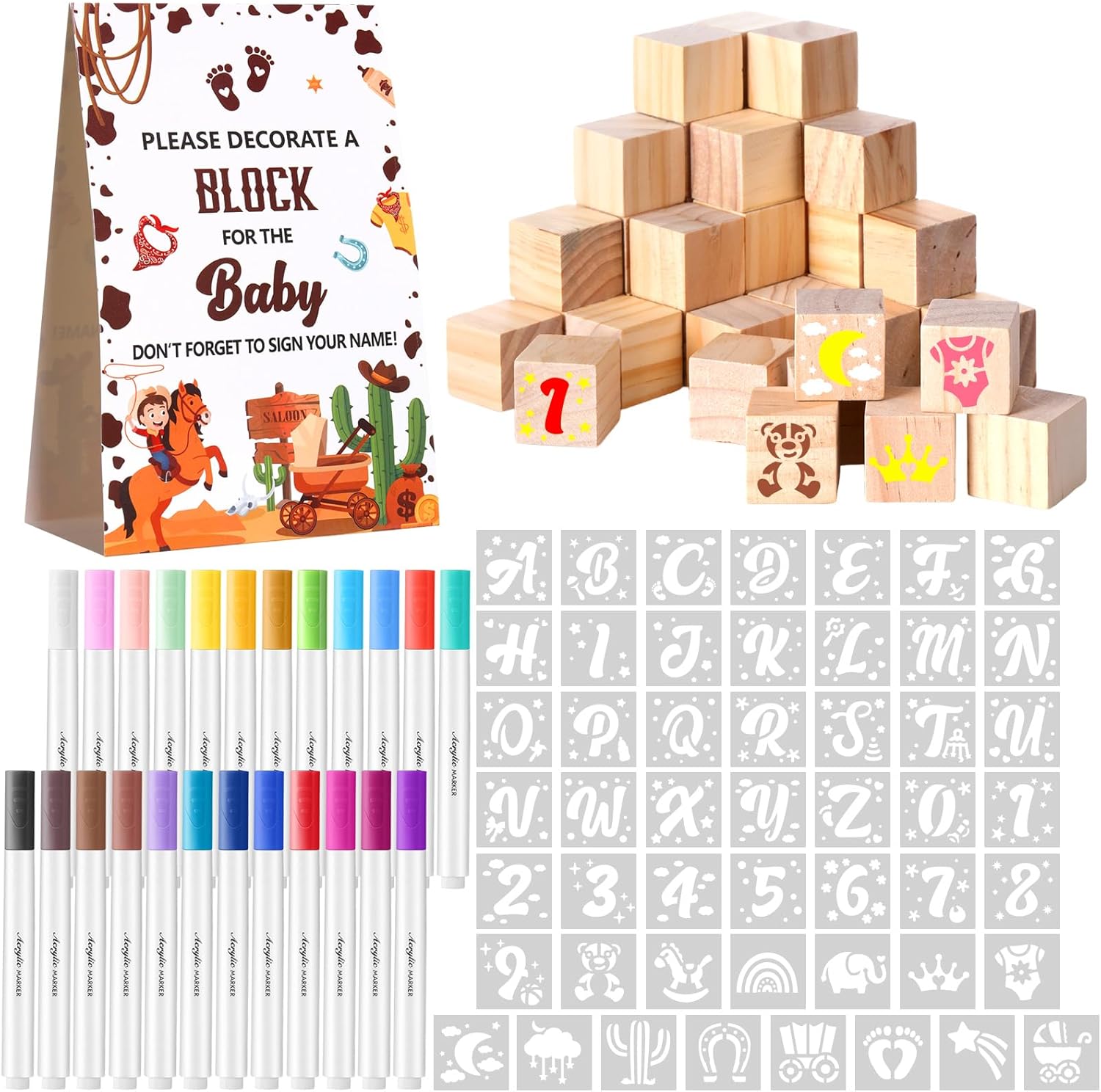Dispowreath 125 Pcs Cowboy Baby Shower Games Sign Kit Decorate a Block Games Sign My First Rodeo DIY Wooden Blocks Prize Cubes Crafts for Western Gender Reveal Baby Shower Party Supplies