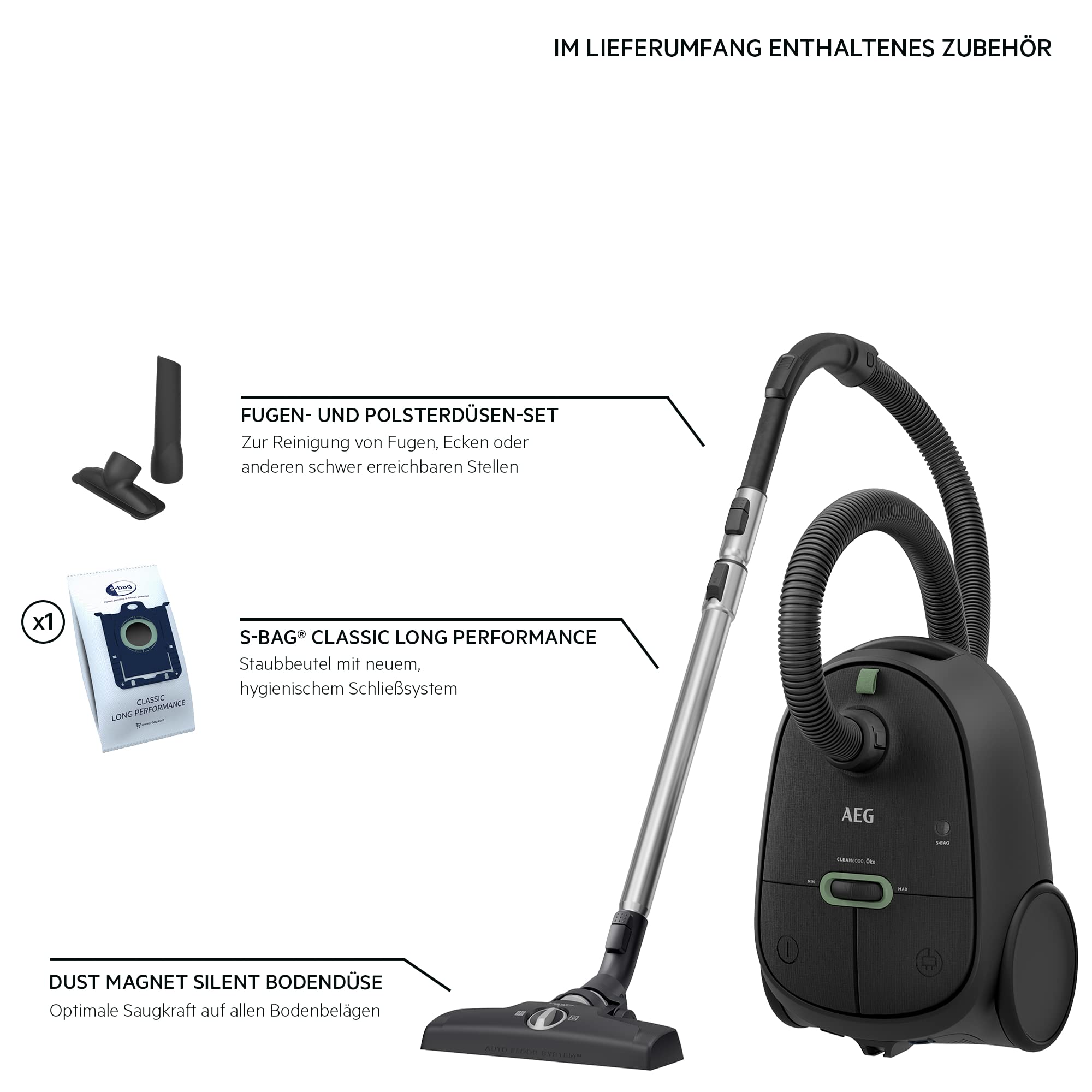 AEG CLEAN 6000 ÖKO Staubsauger mit Beutel, Hohe Saugleistung, Zusatzdüsen, XL-Räder, Edelstahl-Teleskoprohr, aus 65% Recyclingmaterial, 12 m Kabel, 850 Watt, Zubehör, Grau, AB61C1OKO