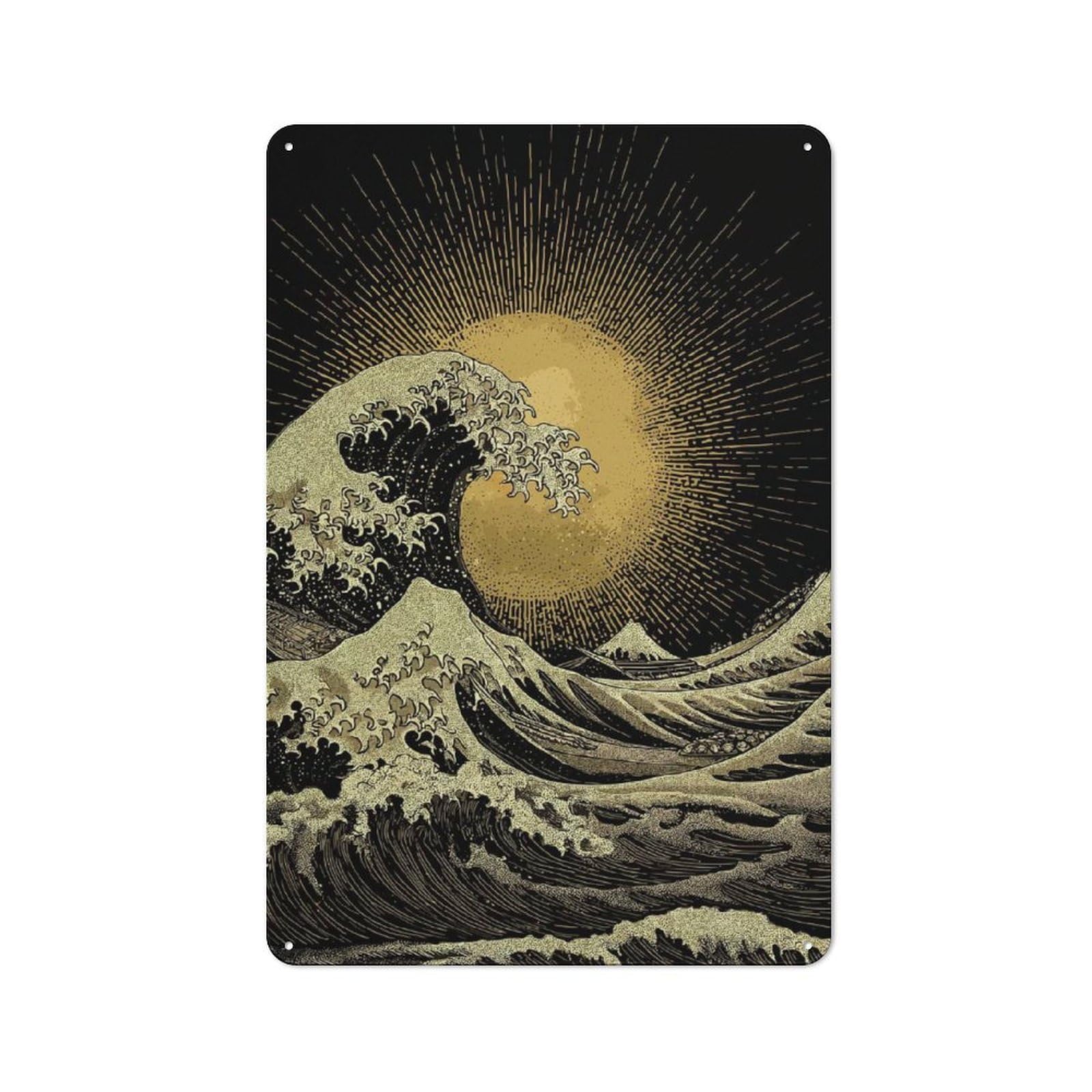 Junmoney Golden Wave And Sun Art Vintage Metal Sign 30X20cm For Dining Room Or Kitchen, Suited To Home Decor Collectors