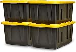 HOMZ 2-Pack Des bacs de stockage en plastique résistant avec des lids, 27 Gallon, noir/jaune - Boîtes à contenants empilables pour l'organisation de la maison, du grenier et du garage