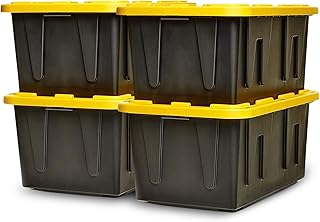 HOMZ 4-Pack Durabilt Tote, Heavy Duty Plastic Storage Bins with Lids, 27 Gallon, Black/Yellow - Stackable Organizing Containers for Home, Garage, and Shed
