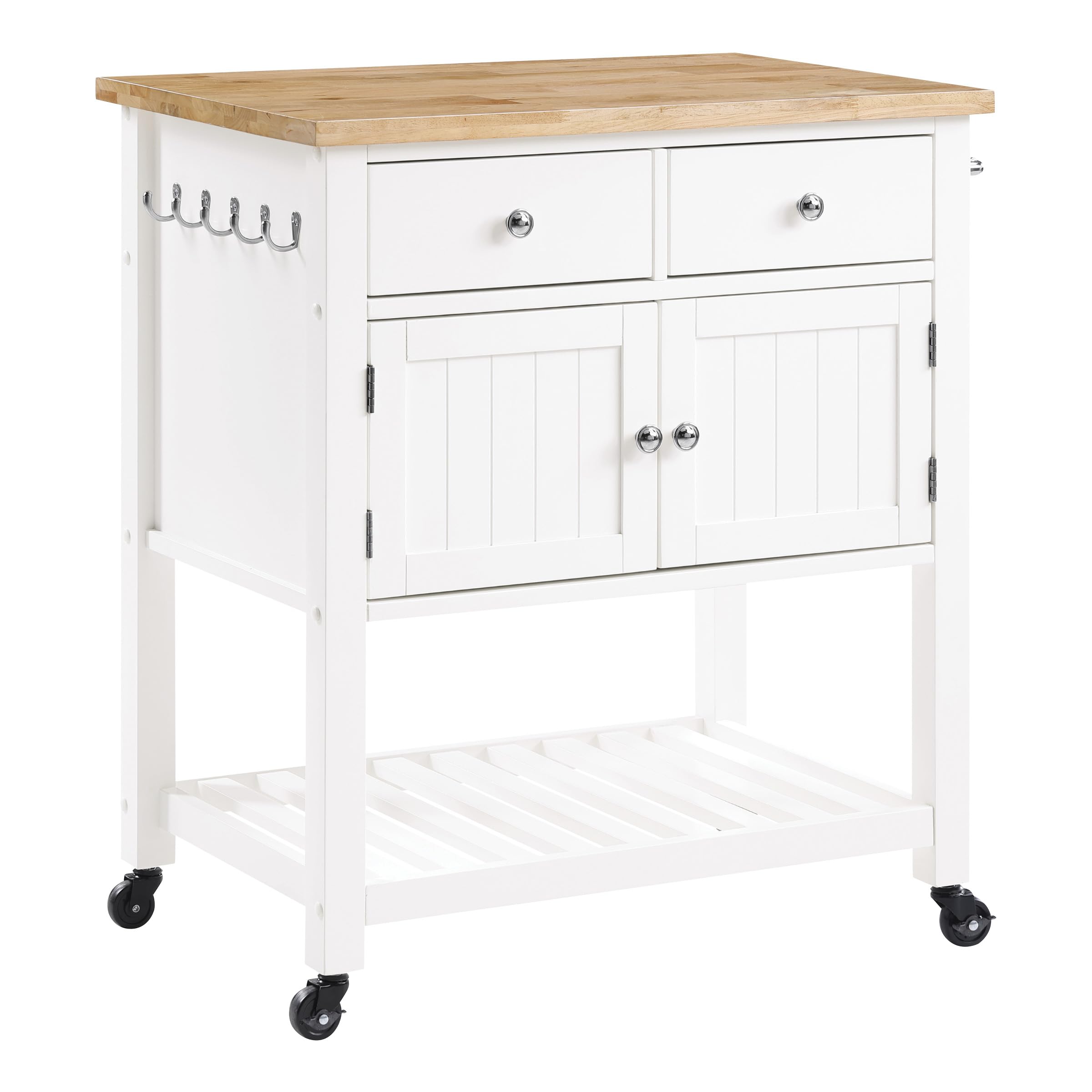 OSP Home Furnishings Stirling Farmhouse Kitchen Cart, Rolling Storage Cabinet with Drawers, Shelf, 5 Utility Hooks, White with Wood Top