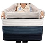 OIAHOMY Large Blanket Basket, 22x17x12 Rectangle Woven Baskets, Nursery Blanket Storage Living Room, Toy Storage With Handle, Large Baskets for Organizing-Gradient Blue