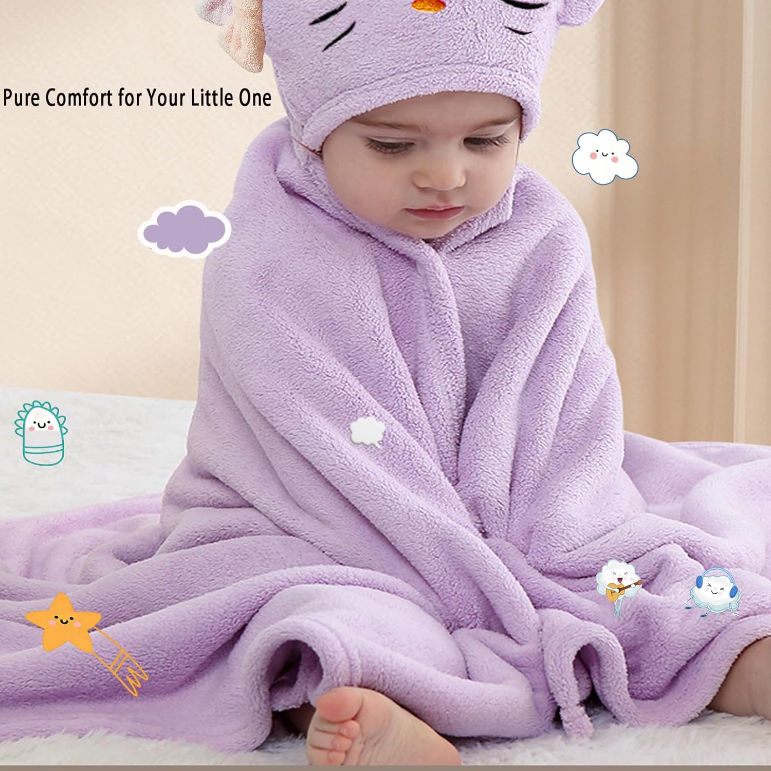 Toddler Baby Bath Towel with Hood 27.5"X55" Ultra Absorbent Soft Cozy Comfort Bathrobe Blanket, 0-6 Years Infant Shower Towel for Girls & Boys(Purple-Cat)