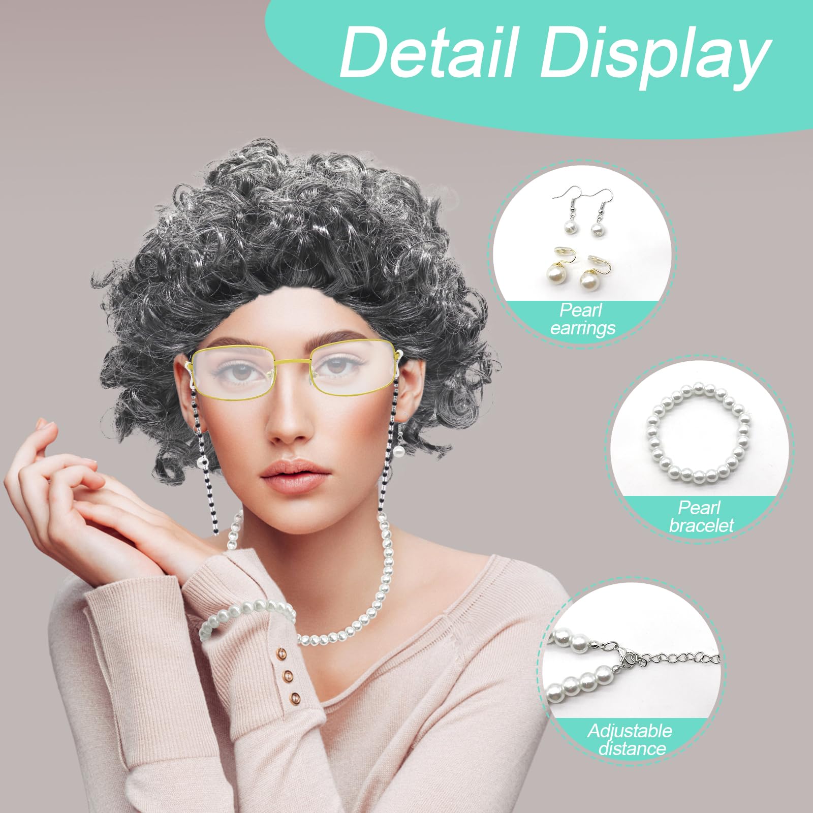8pcs Old Lady Costume Set, Granny Wig Set Including Glasses Necklace Inflatable Walking Stick Earring Bracelet - Image 4