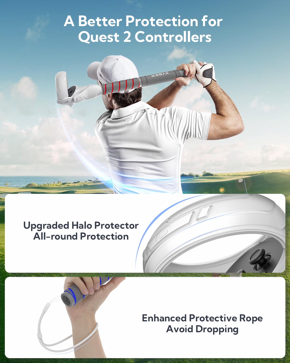 ZYBER Poignée de fixation 3 en 1 pour manette Oculus Quest 2, bâtons de bras longs VR Gorilla Tag pour Meta Quest 2 Beat Saber Golf Club Baseball, améliore l'expérience de jeu VR