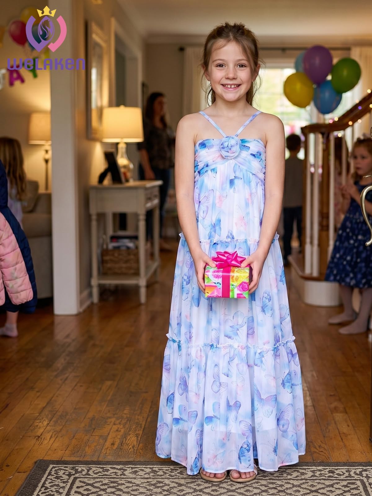 WELAKEN Kleid für Kinder, Mädchen, Blumenmuster, fließend, Sommer, Chiffon, Spaghettiträger, Rüschen, Sommerkleid