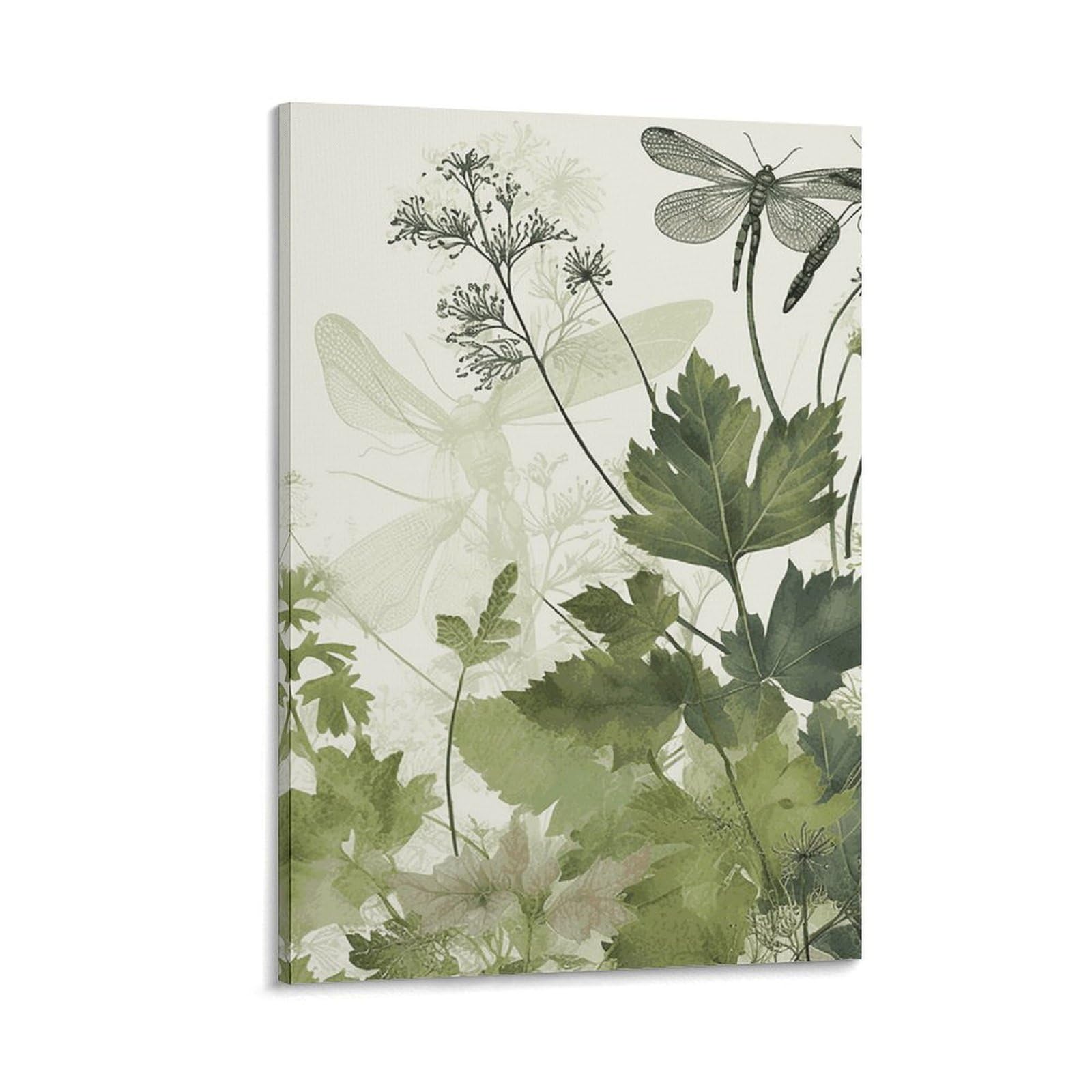 Canvas Wall Art for Living Room 16"x24" Modern Artwork Painting Pictures Hanging Canvas Prints Foliage And Herbs with Dragonflies Winged Aesthetic Wall Art for Bedroom Bathroom Office Wall Art Print D