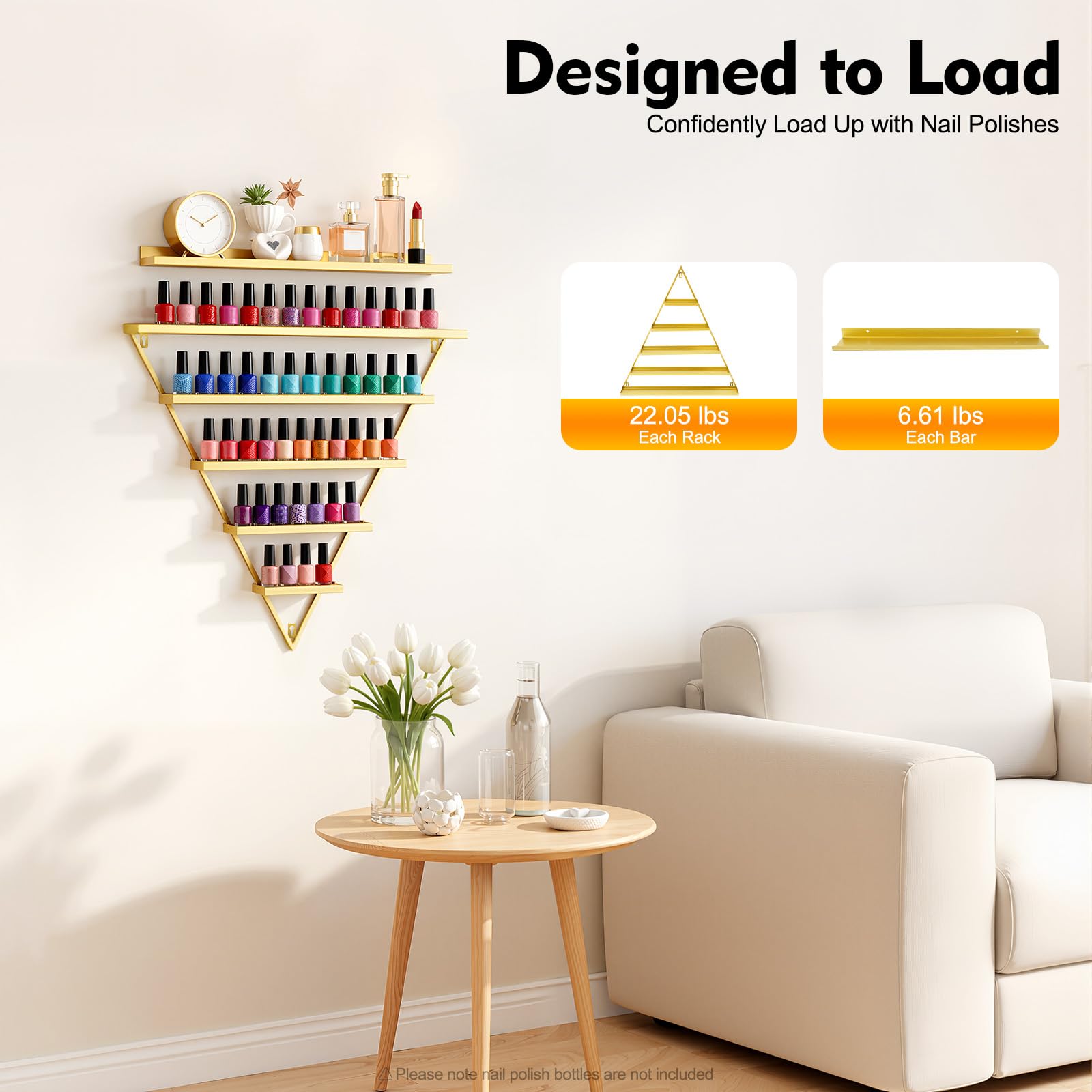 10 szt. złoty trójkątny stojak na lakier do paznokci, montowany na ścianie, 5-stopniowy stojak na kosmetyki, do sklepów, salonów paznokci, salonów kosmetycznych, złoto, Nowoczesny
