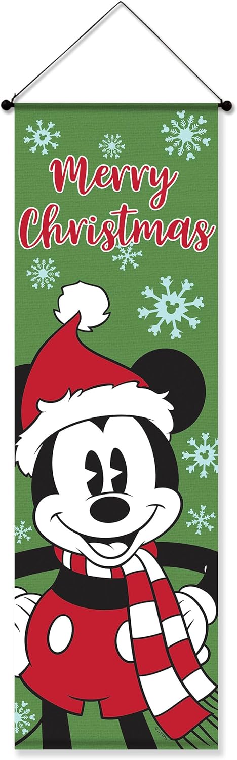 Disney Mickey Mouse Merry Christmas Outdoor Banner, 15” x 47”, Hanging Flags Yard Sign, Front Door Banner Porch Home Décor, Christmas Decorations, Officially Licensed Disney