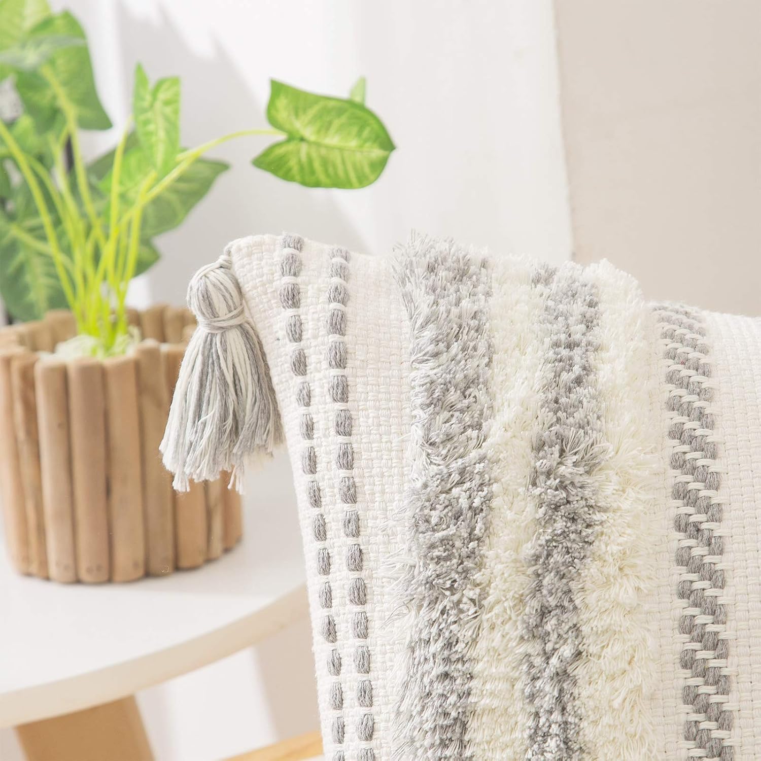 decorUhome Set of 2 Boho Decorative Throw Pillow Covers for Bed Bedroom Neutral Accent Cushion Cover Tufted Woven Pillow Case, 20x20, Grey and White : Home & Kitchen