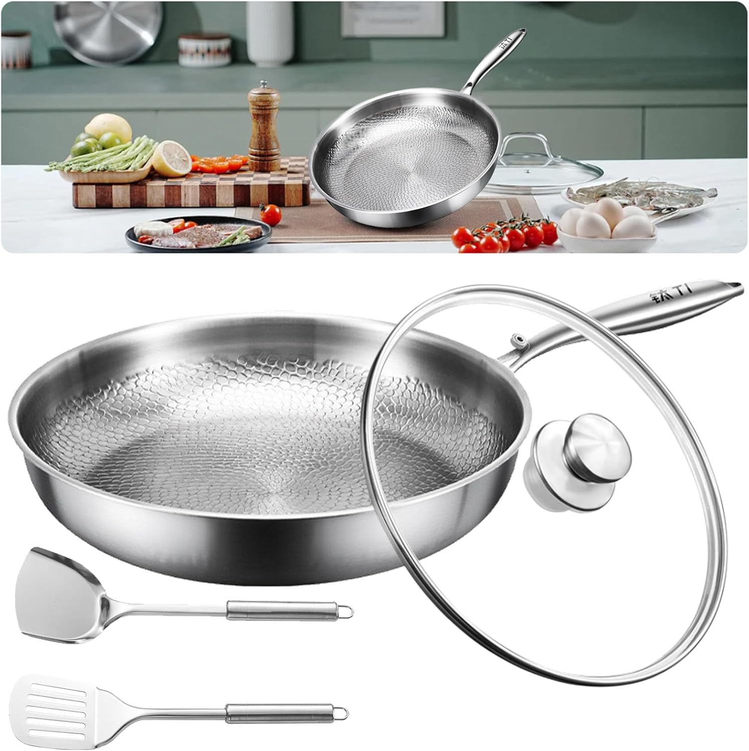 Titanium Hammered Pan Pro, Titanium Cookware, Multifunctional Pots and Pans Set, Non Stick TitaniumFrying Pans for Cooking (With Cover, 11.02in)