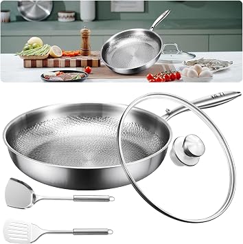 Titanium Hammered Pan Pro, Titanium Cookware, Multifunctional Pots and Pans Set, Non Stick TitaniumFrying Pans for Cooking With Cover, 11.02in