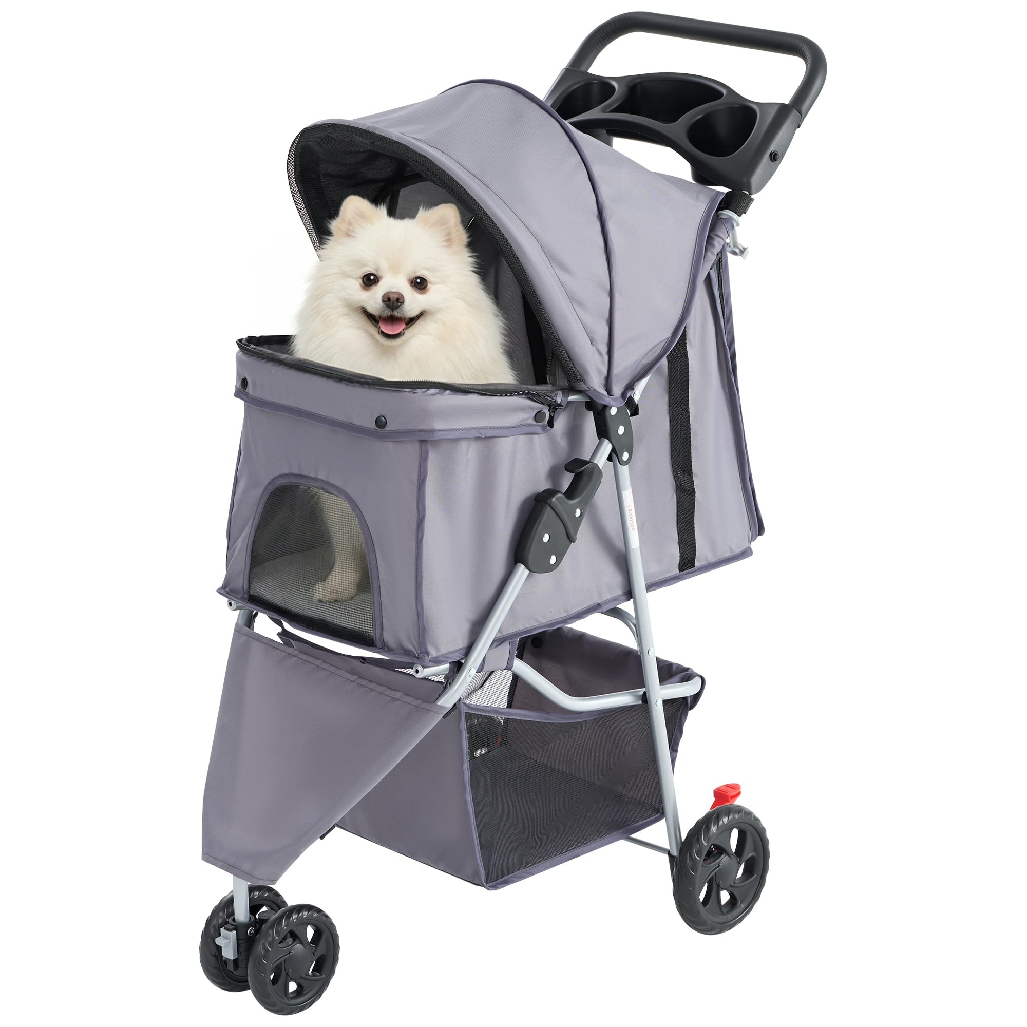 Smug 3 Wheels Pet Stroller, Dog and Cat Strollers with Storage Basket and Cup Holder, Lightweight Travel Carrier, Breathable, Waterproof and Foldable for Small Pets Outdoor Walk, Grey