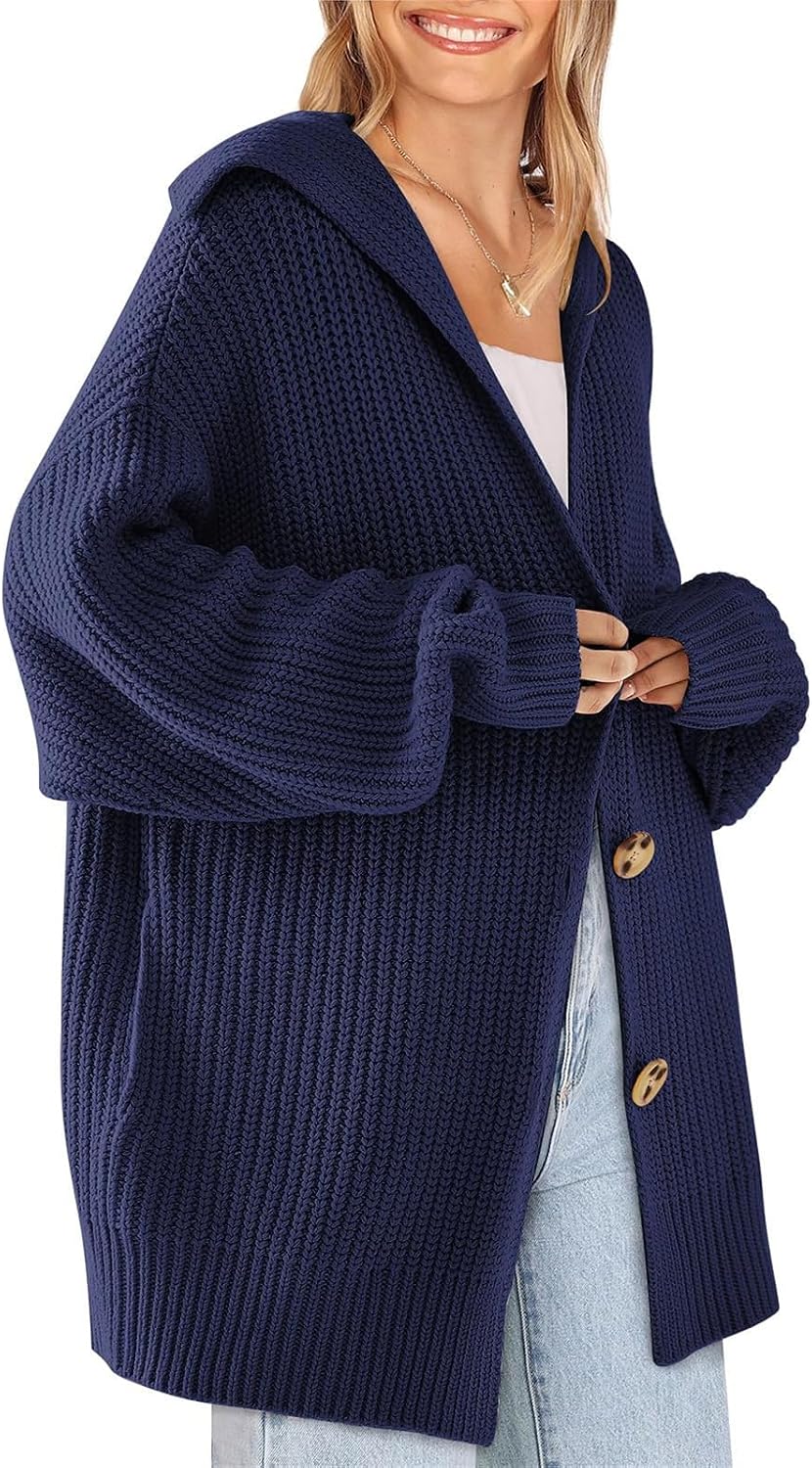 Women's Long Sleeve Button Lapel Cardigans Oversized Chunky Knit Slouchy Sweater Outerwear