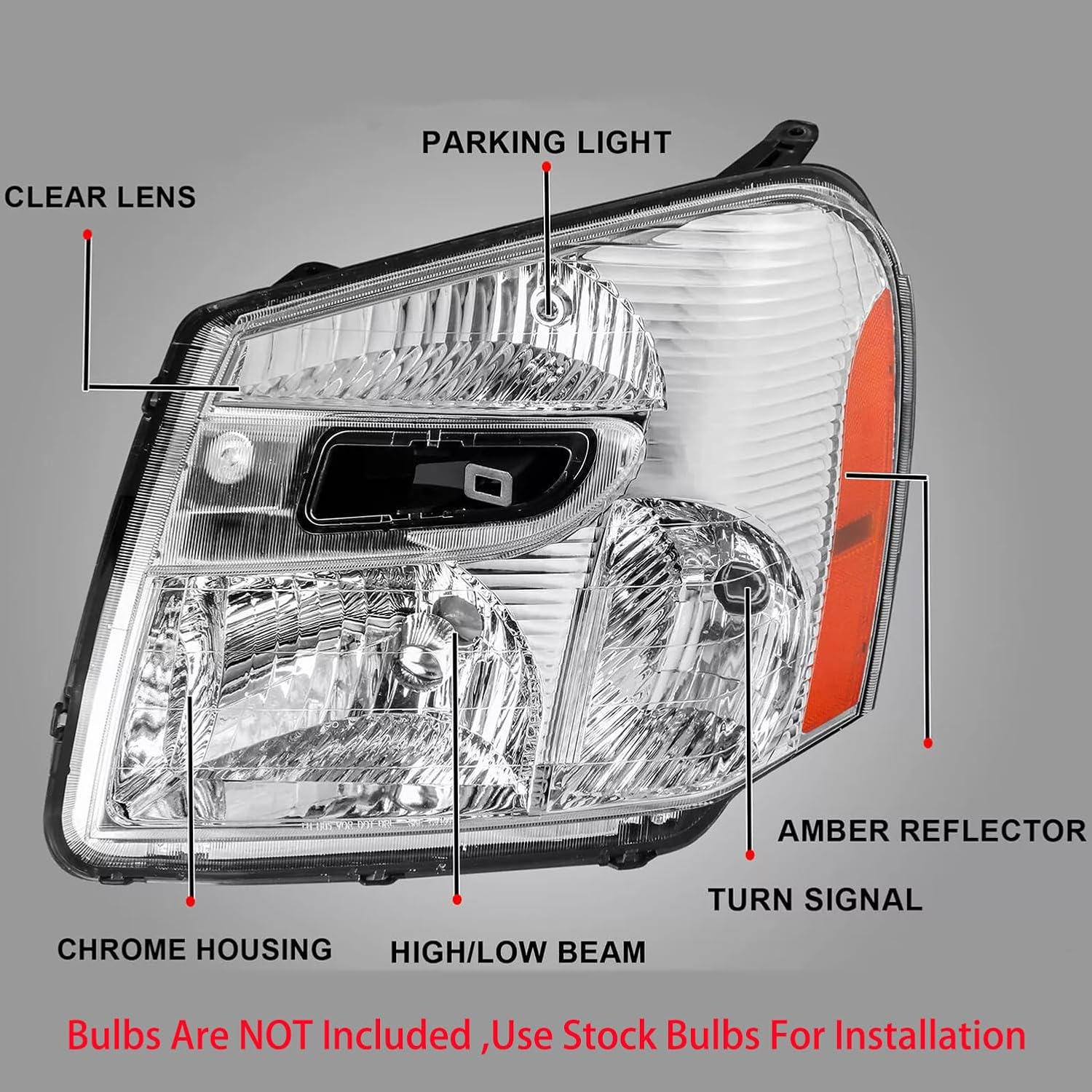 Pair Headlights Assembly With Retainning clips For 2005 2006 2007 2008 2009 Chevy Equinox LS LT LTZ Sport SUV Replacement Headlamps Clear Lens Chrome Housing Amber Reflector W/O BLUBS