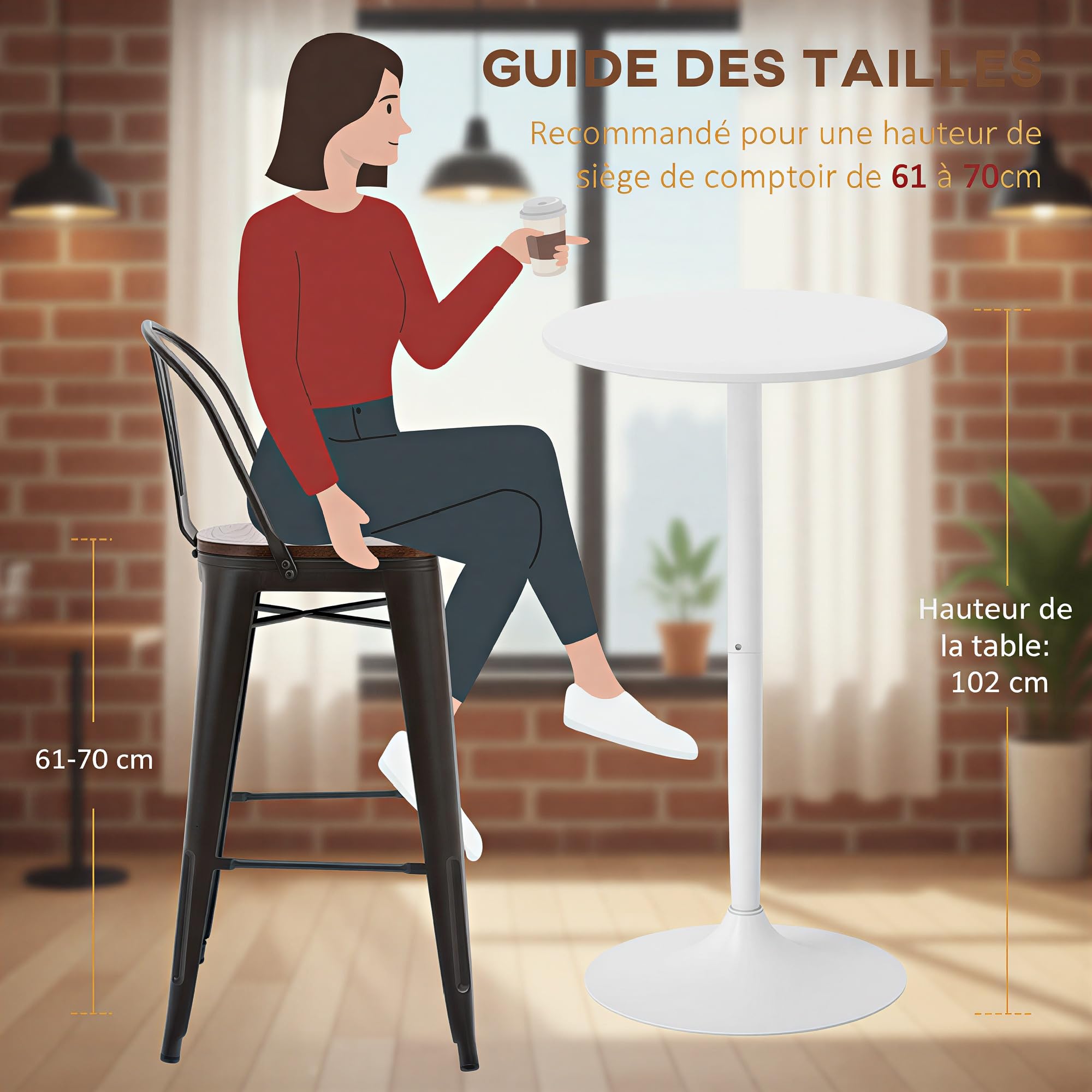 HOMCOM Table de Bar Ronde Table de Bistro Mange-Debout Style Contemporain avec Plateau Peint et Cadre en Acier dim. 60L x 60l x 102H cm Blanc