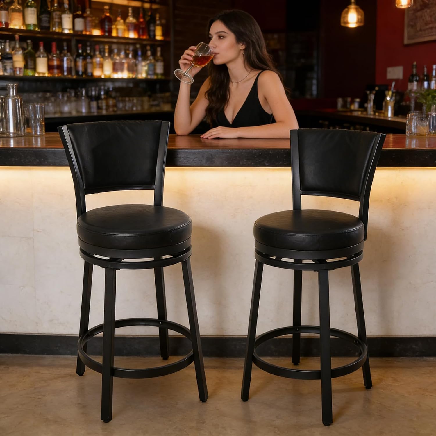 Swivel Bar Stools Set of 2, 25 inch Counter Height Barstools, Modern Metal Swivel Bar Chairs with Backrest, Faux Leather Upholstered Counter Height Chairs for Kitchen Island, Black