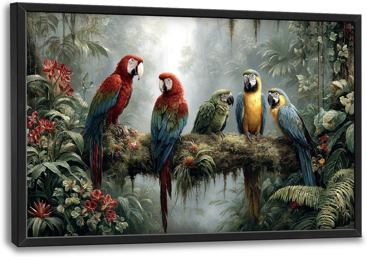 Large Wall Art For Living Room Parrot Canvas Wall Decor Bird Pictures Paintings Rainforest Prints Big Artwork Framed Modern Decorations For Office Bedroom Bathroom Gifts 36" x 24"