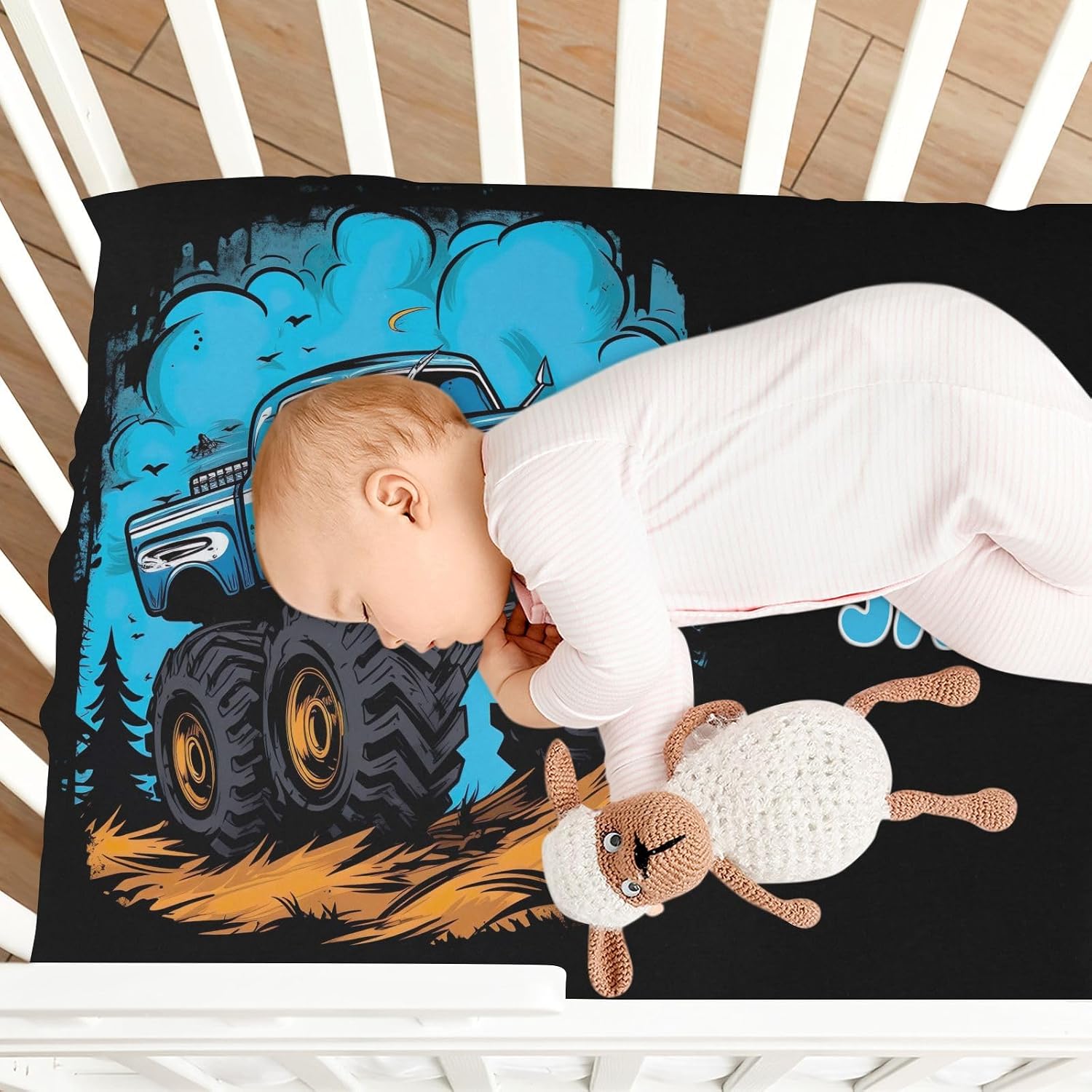 Monster Truck Custom Fitted Crib Sheet for Pack and Play Personalized Playard Sheet for Daycare with Soft and Breathable Material Bassinet Sheets for Baby Boys Girls