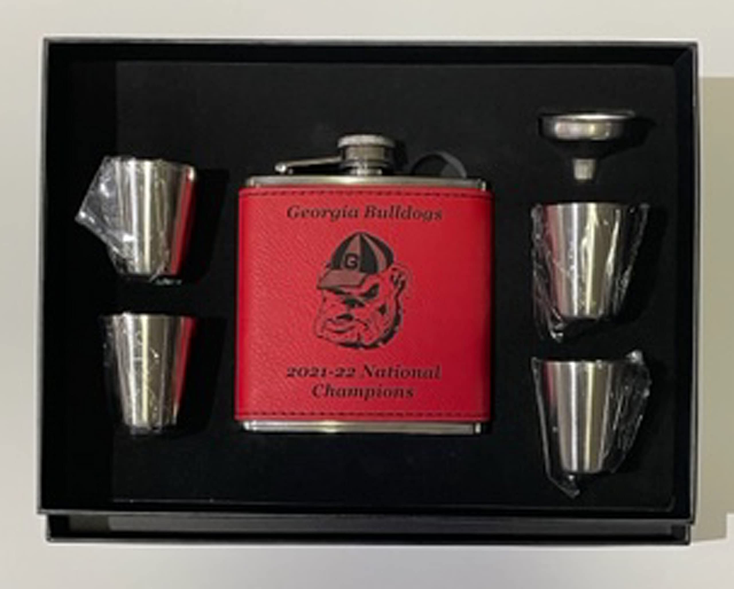 Georgia Bulldogs 2021-22 National Champions Red Flask w/ 4 shot glasses and funnel in presentation box